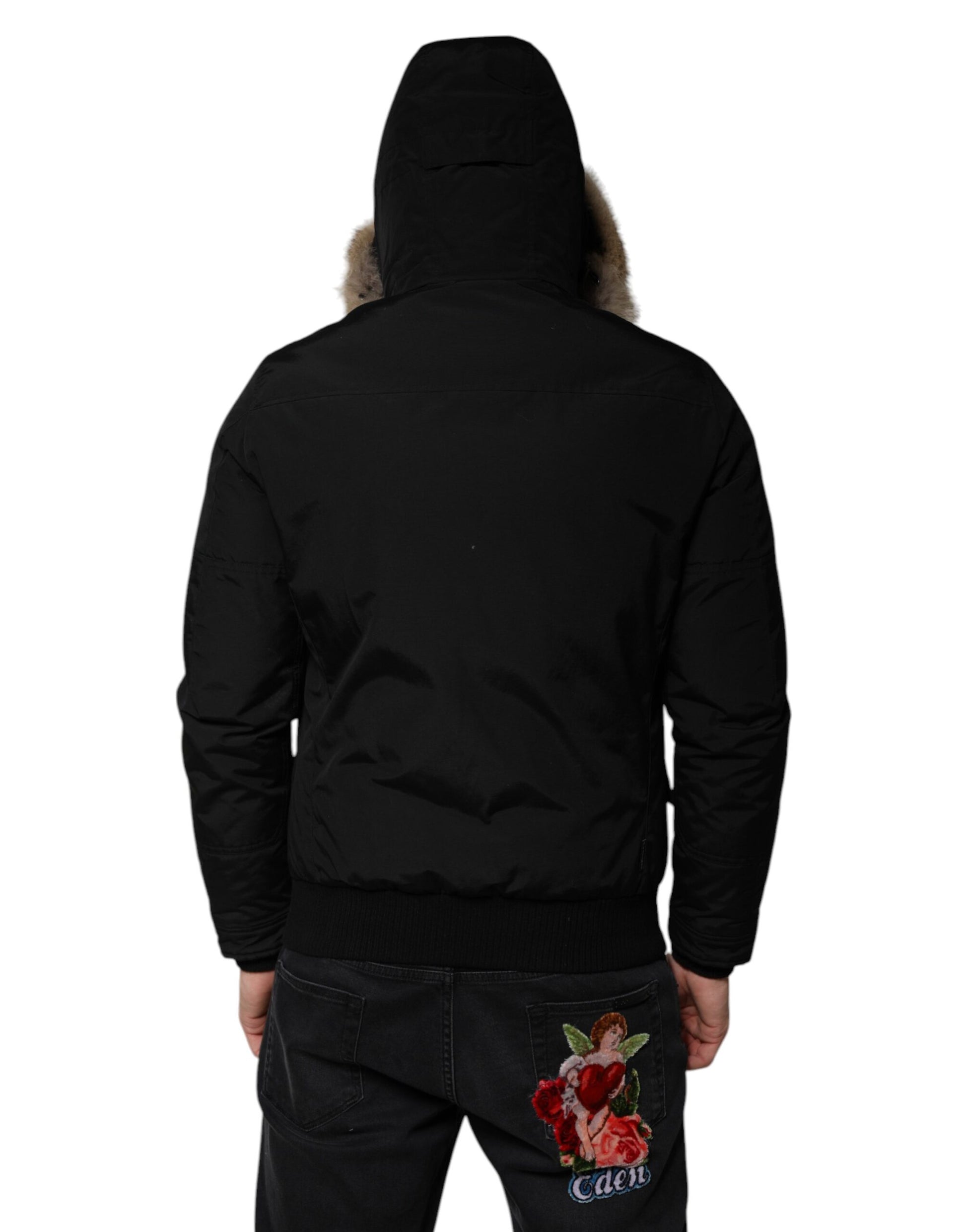 Black Hooded Long Sleeves Fur Shearling Coat Jacket