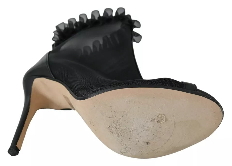 Black Leather Mesh Stiletto High Heels Peep Toe Boots Shoes