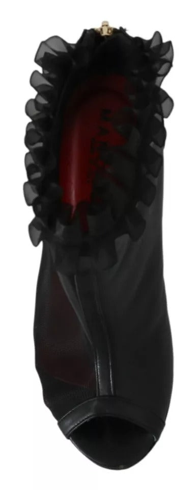 Black Leather Mesh Stiletto High Heels Peep Toe Boots Shoes