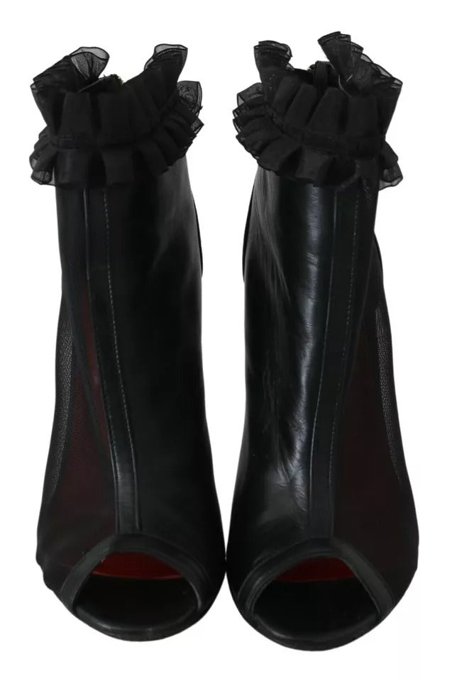 Black Leather Mesh Stiletto High Heels Peep Toe Boots Shoes