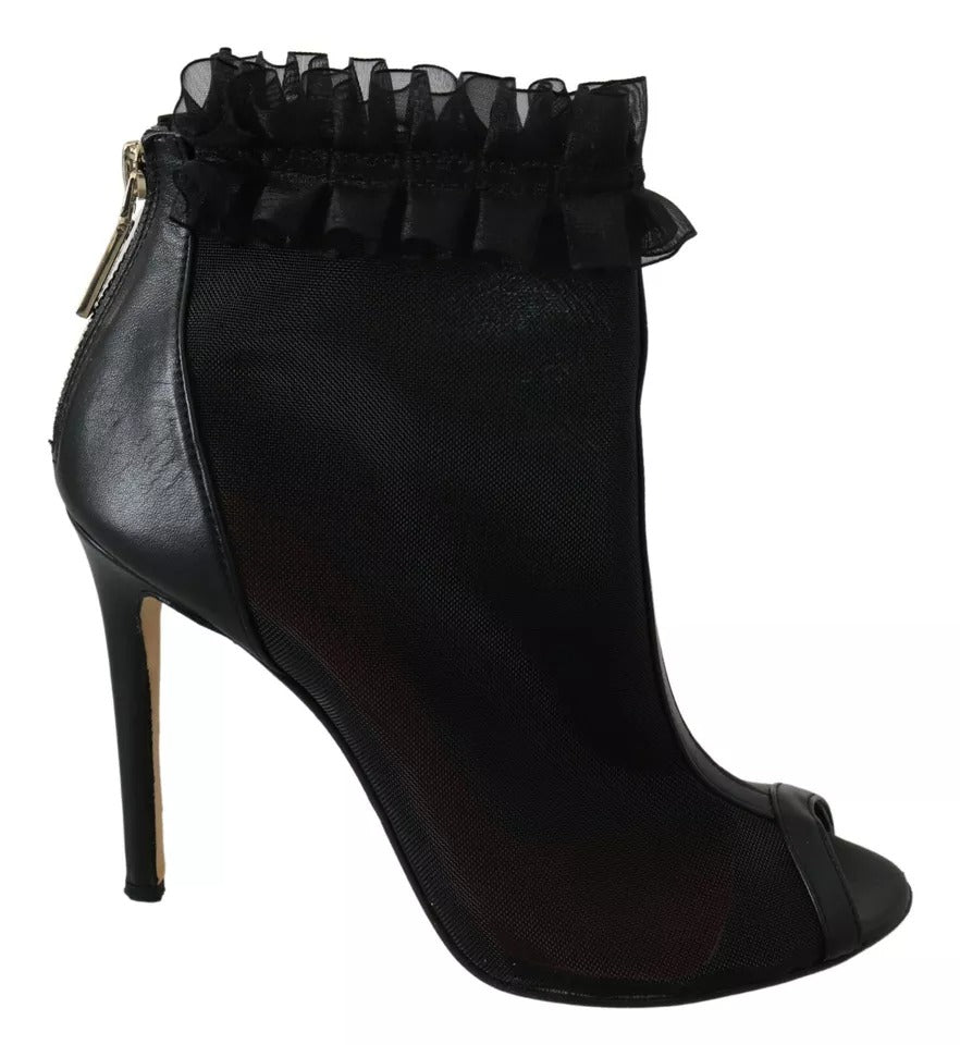 Black Leather Mesh Stiletto High Heels Peep Toe Boots Shoes