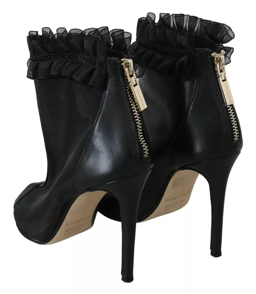 Black Leather Mesh Stiletto High Heels Peep Toe Boots Shoes