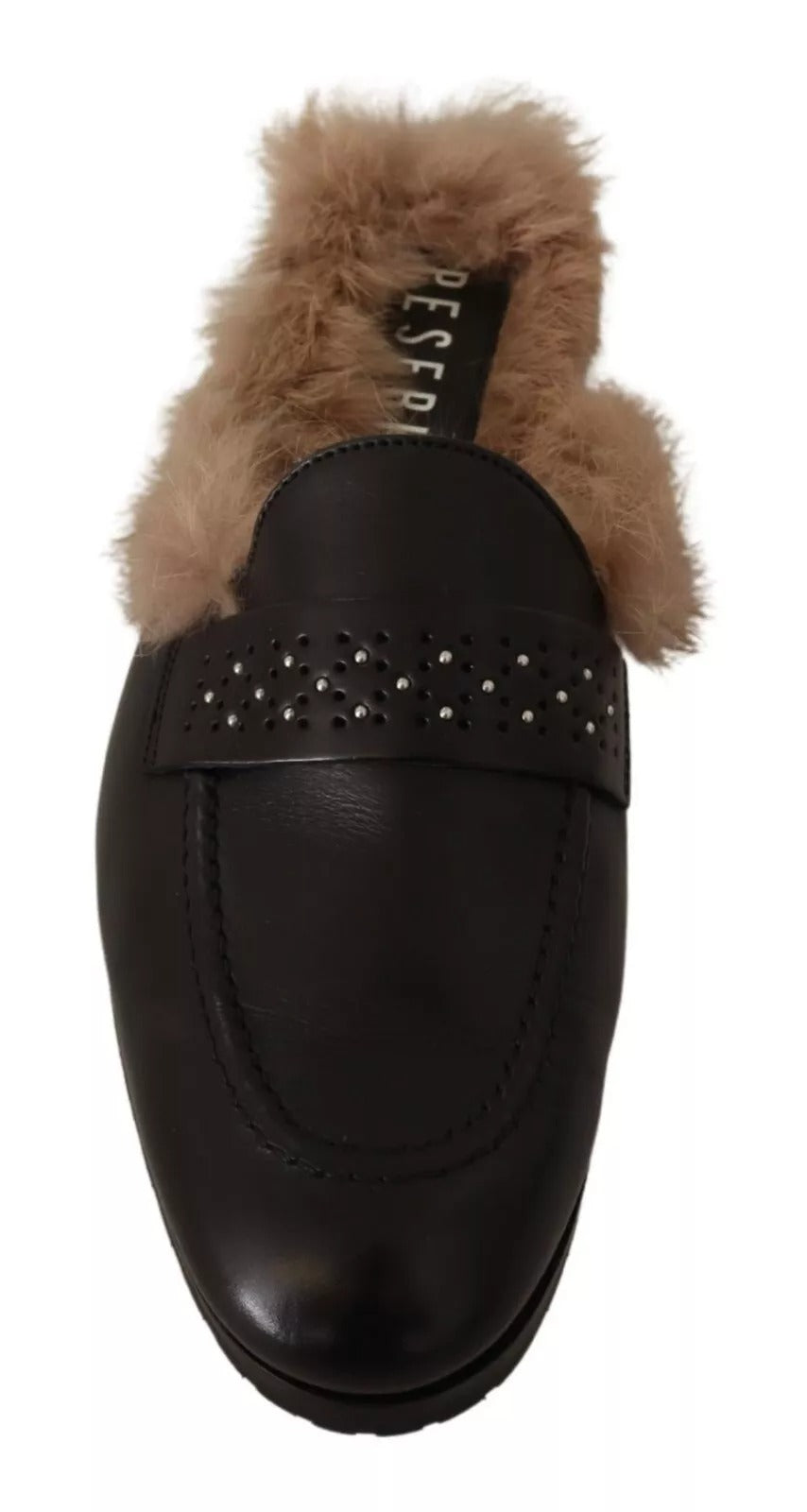 Black Leather Fur Perforated Slip On Flats Shoes