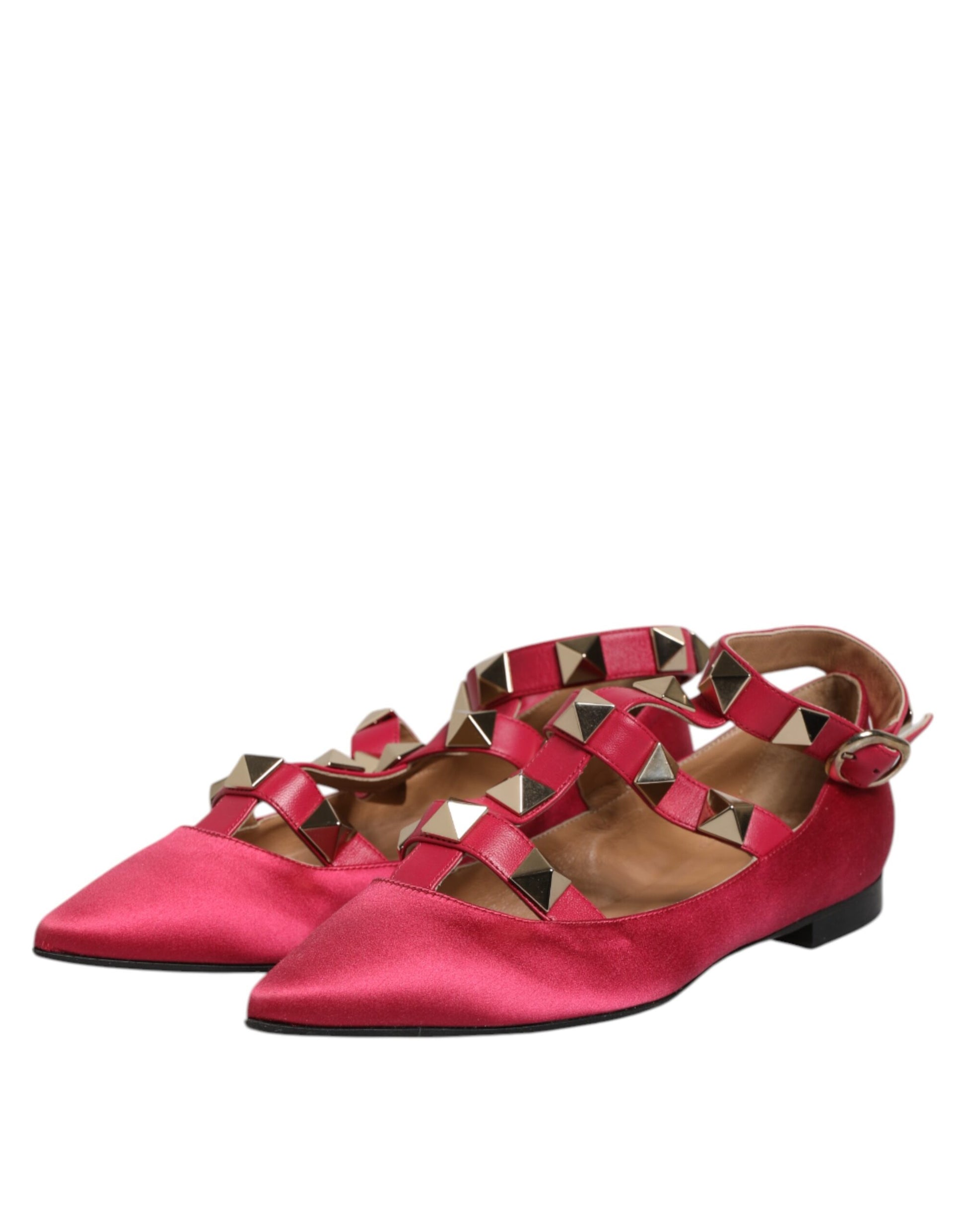 Red Gold Studded Pointed Toe Ballet Flats Shoes