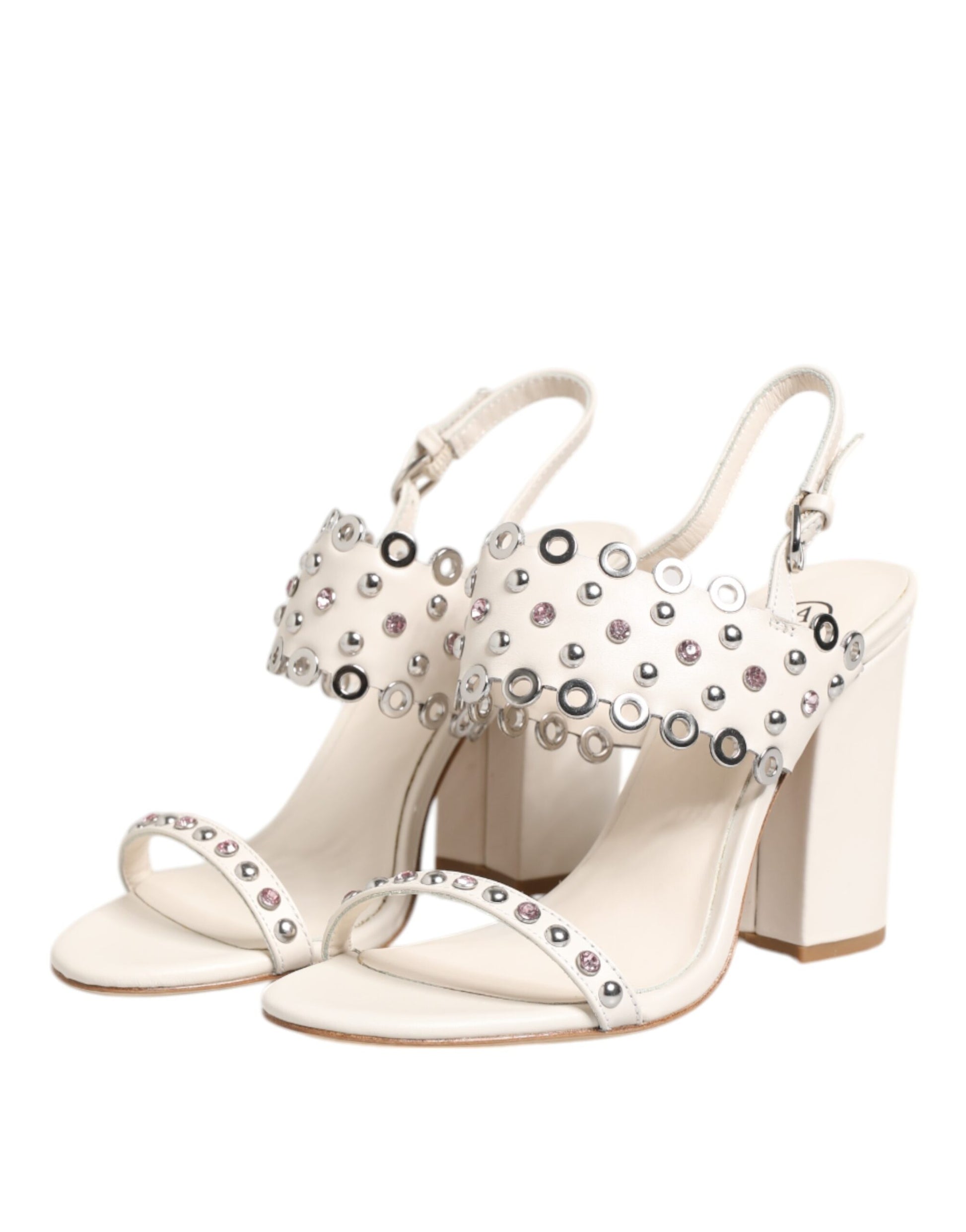 White Block Heeled Studded Quarter Strap Sandals Shoes
