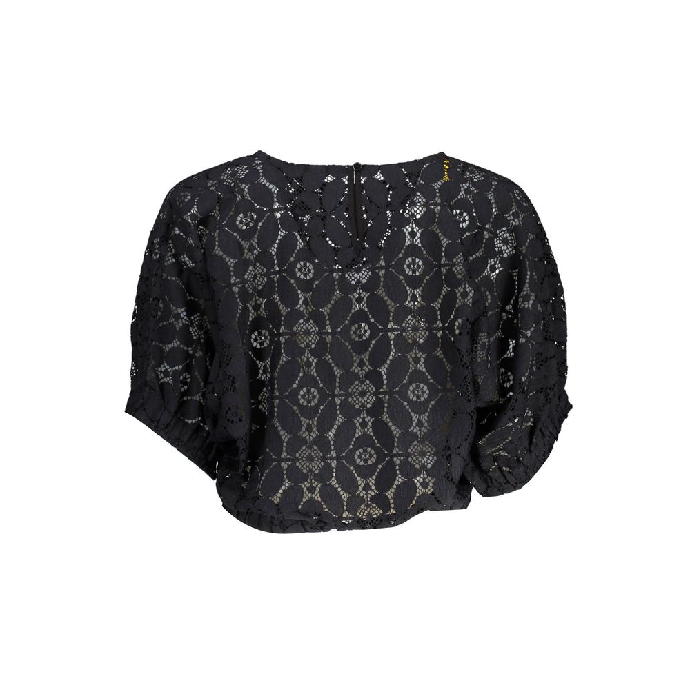 "Black Polyester Women Blouse with Contrasting Elastic Waistband"