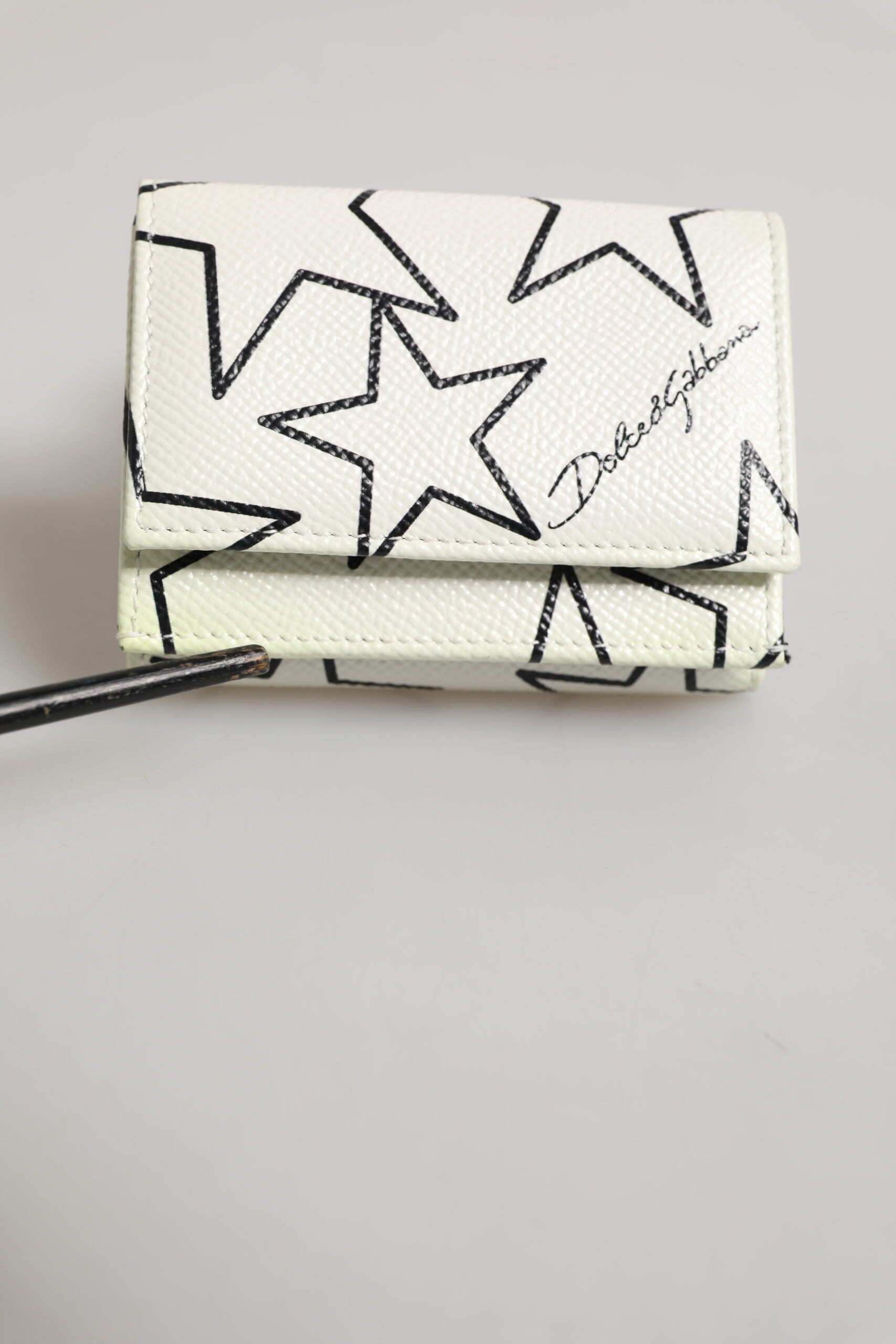 White Leather Trifold DG Star Print Card Holder Wallet