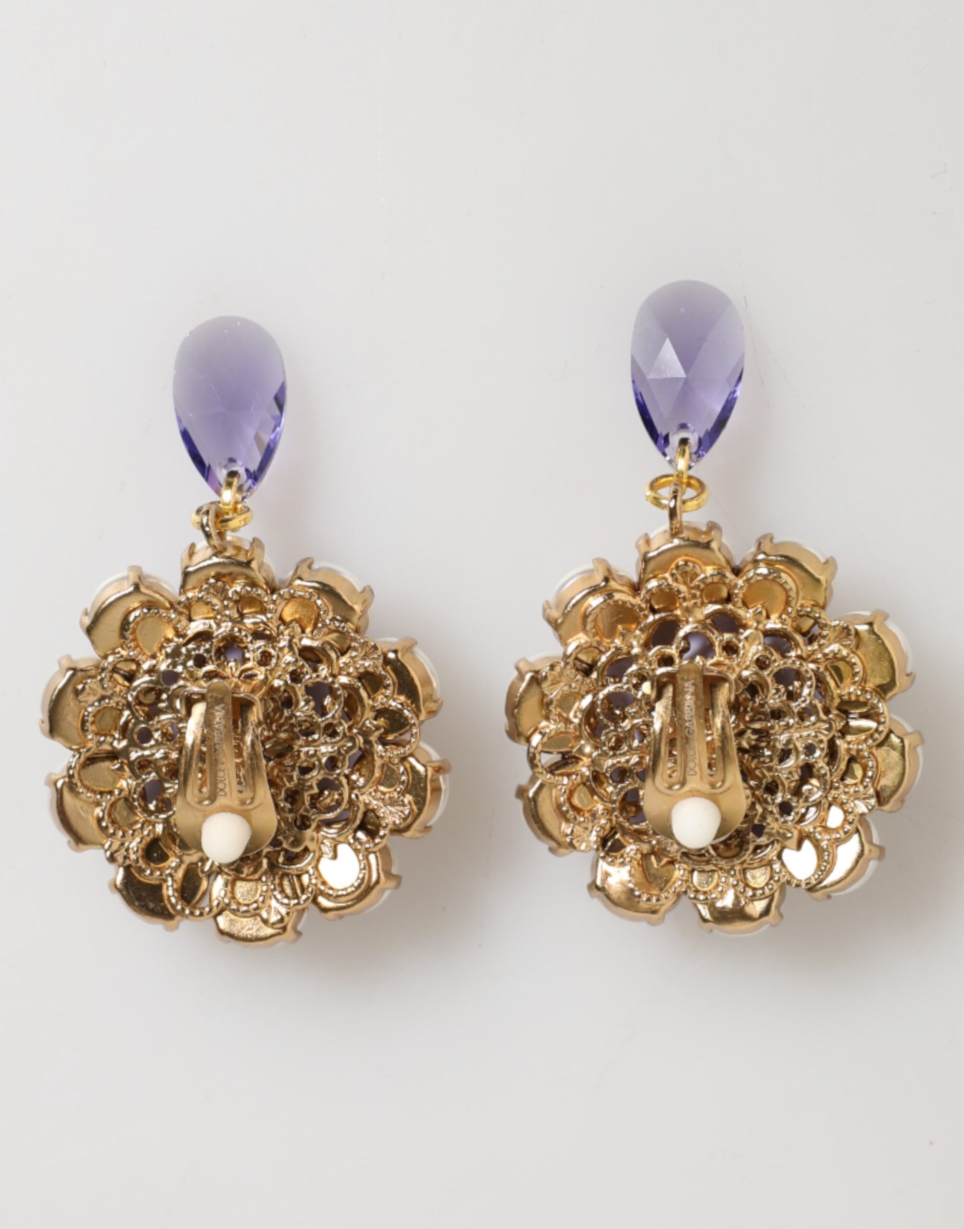 Purple Floral Crystal Pearl Drop Clip-On Statement Earrings
