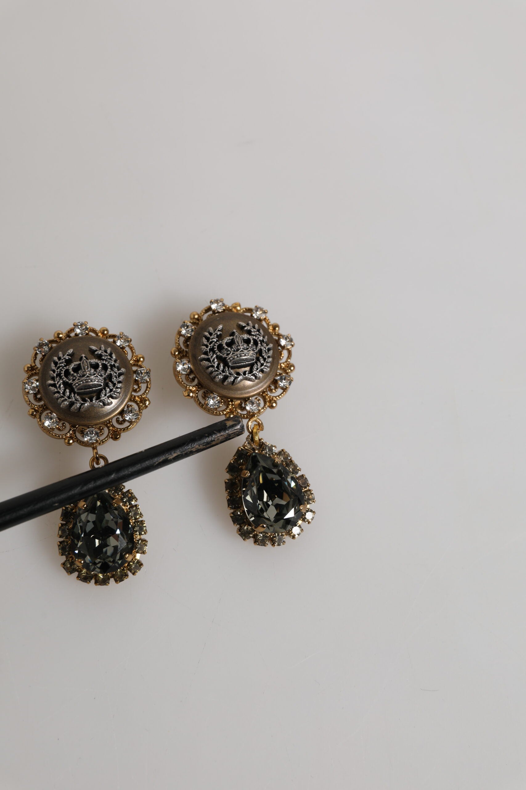 Gold Brass Crown Medallion Black Crystal Drop Clip On Earrings
