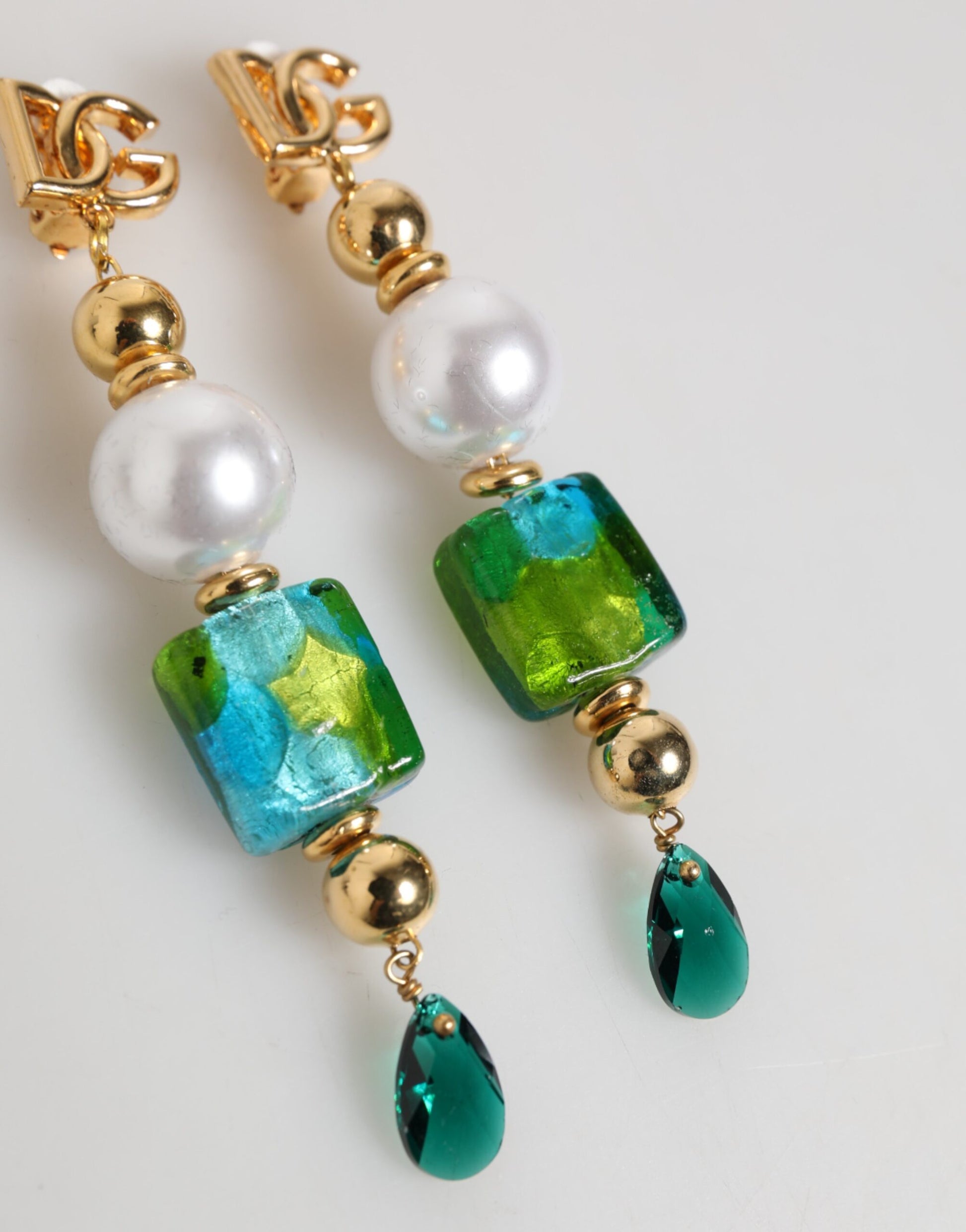 Gold Brass Multicolour Pearl Green Blue Drop Logo DG Earrings
