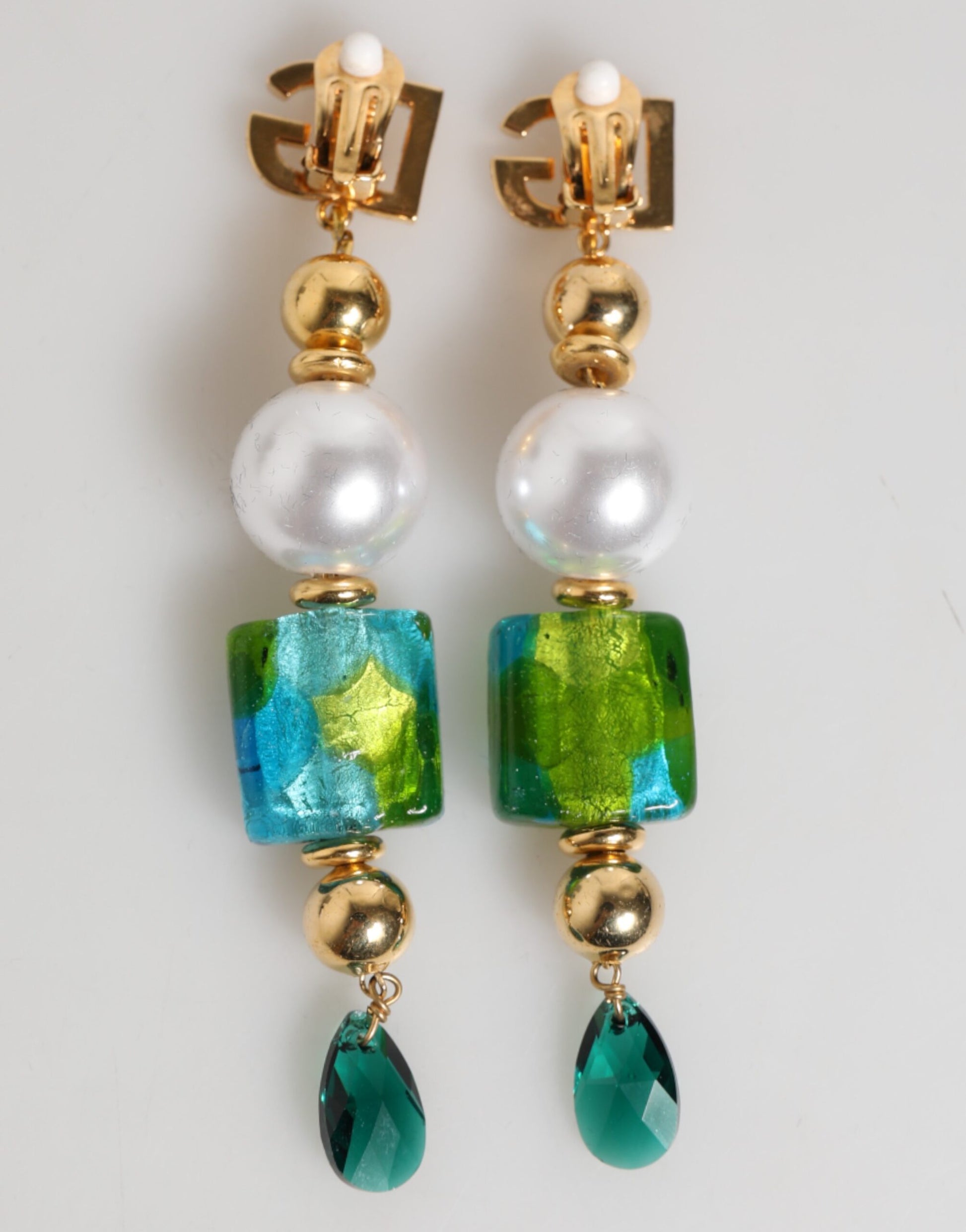 Gold Brass Multicolour Pearl Green Blue Drop Logo DG Earrings