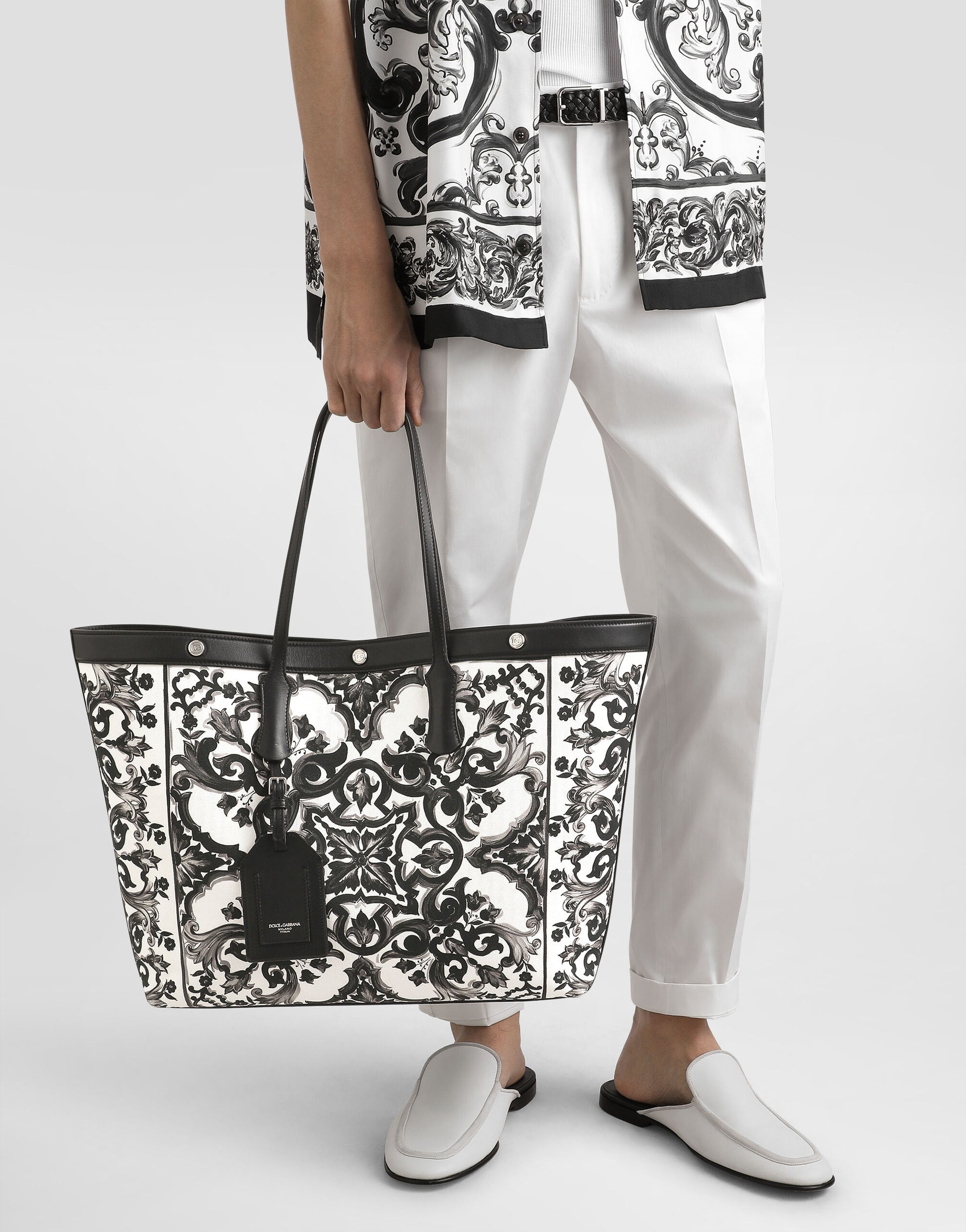 Majolica-print calfskin shopping bag