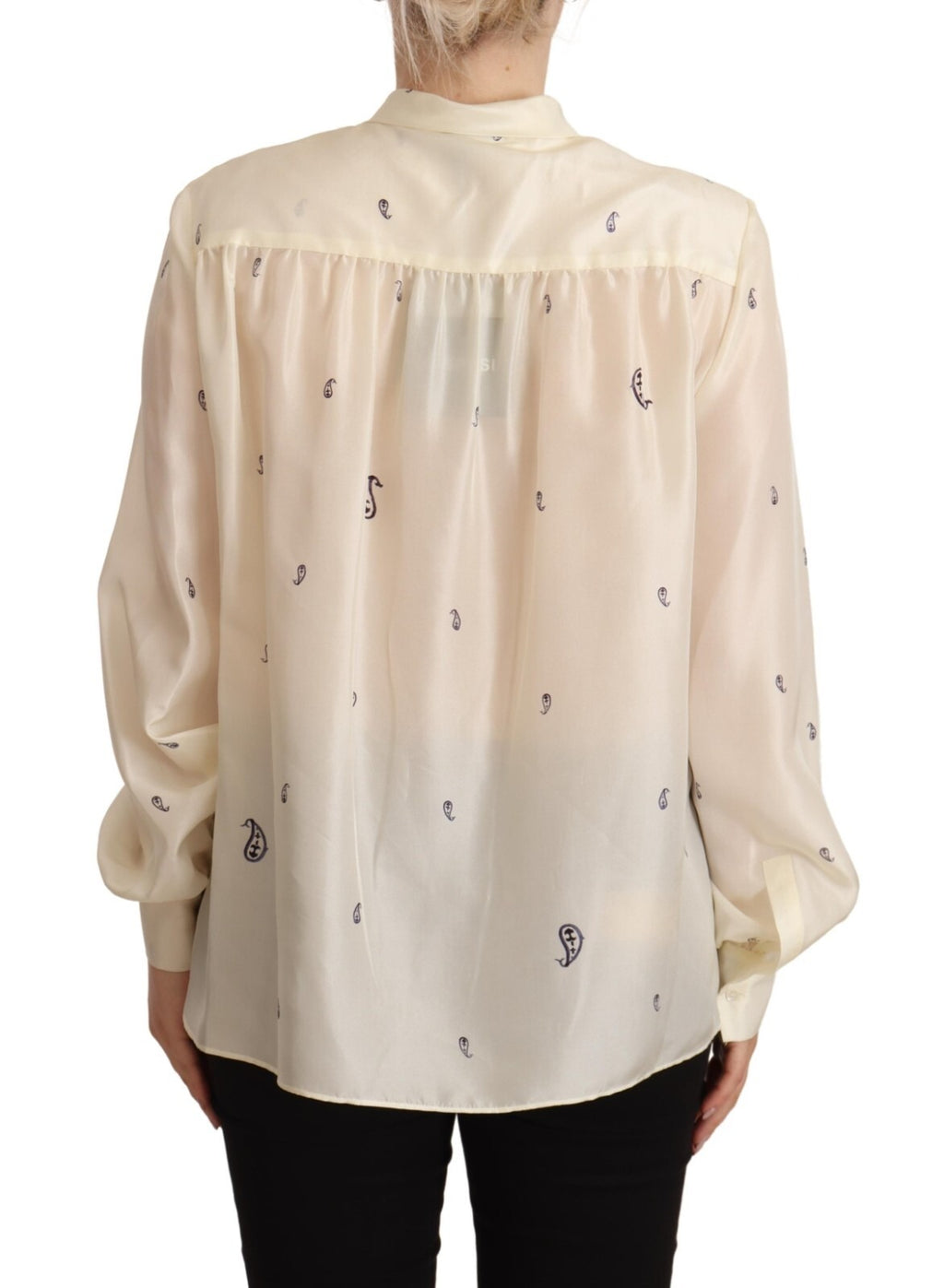Off White 100% Silk Long Sleeves Collared Top Blouse