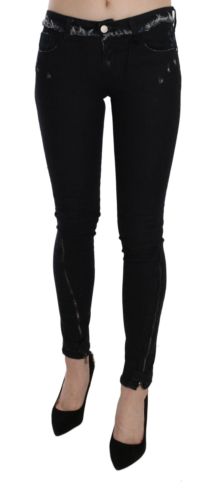 Black Low Waist Zipper Leg Skinny Denim Jeans