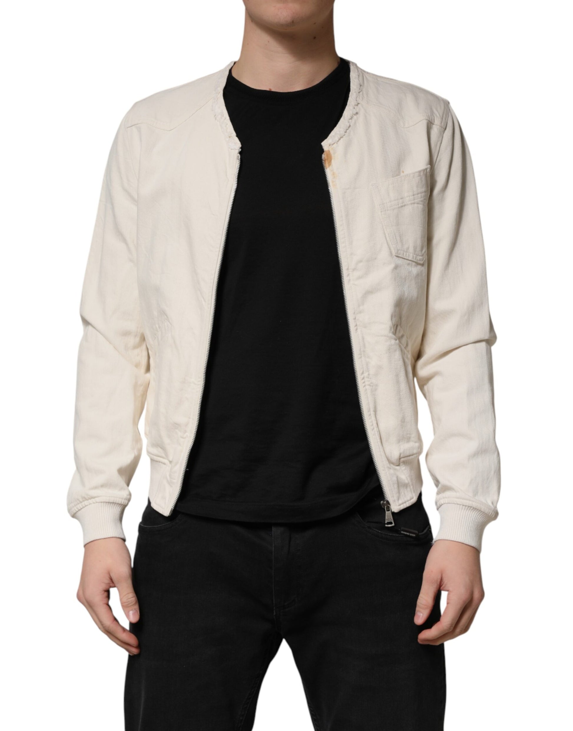 Off White Cotton Full Zip Denim Men Blouson Jacket