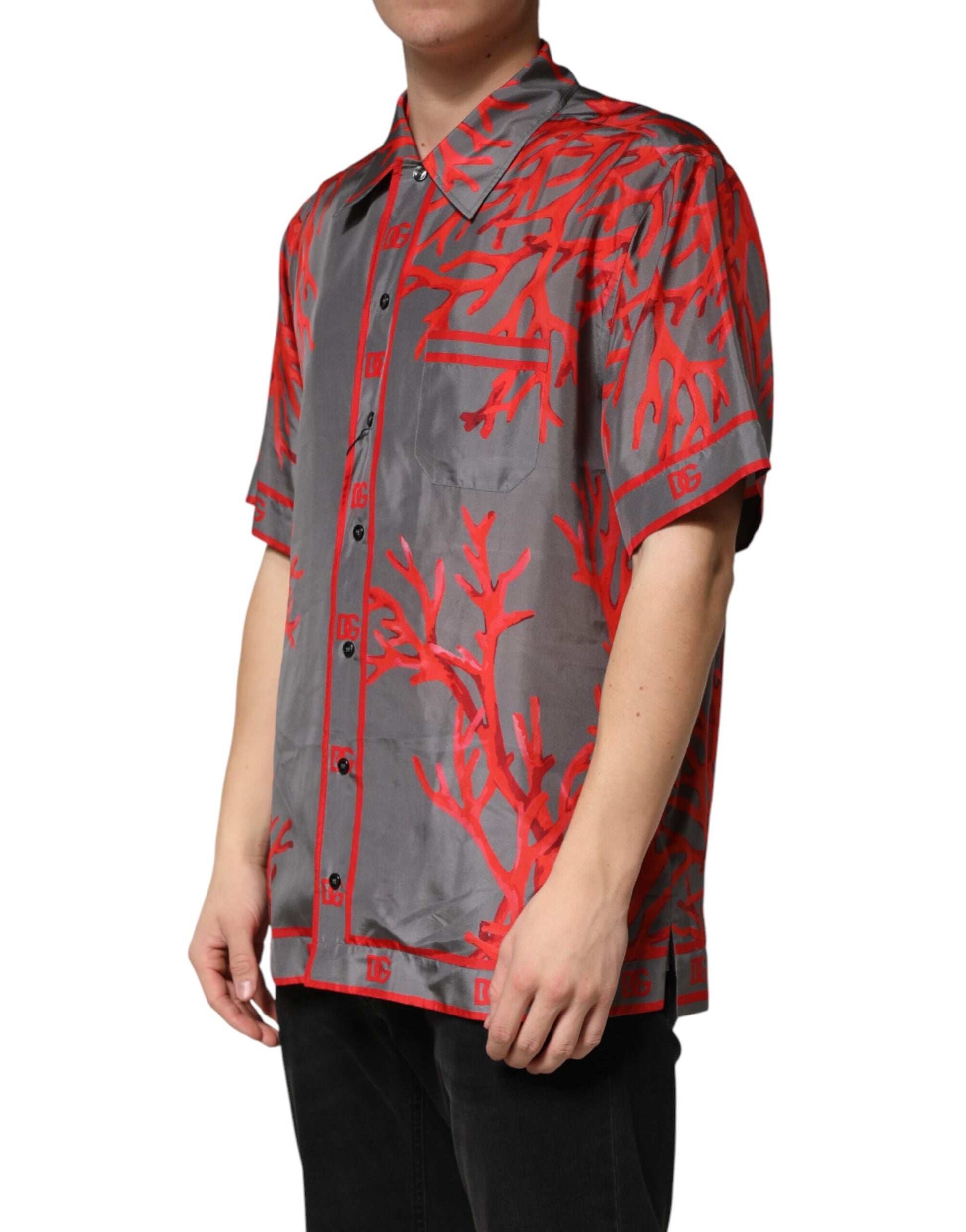 Gray Red Corals Short Sleeves Casual Shirt