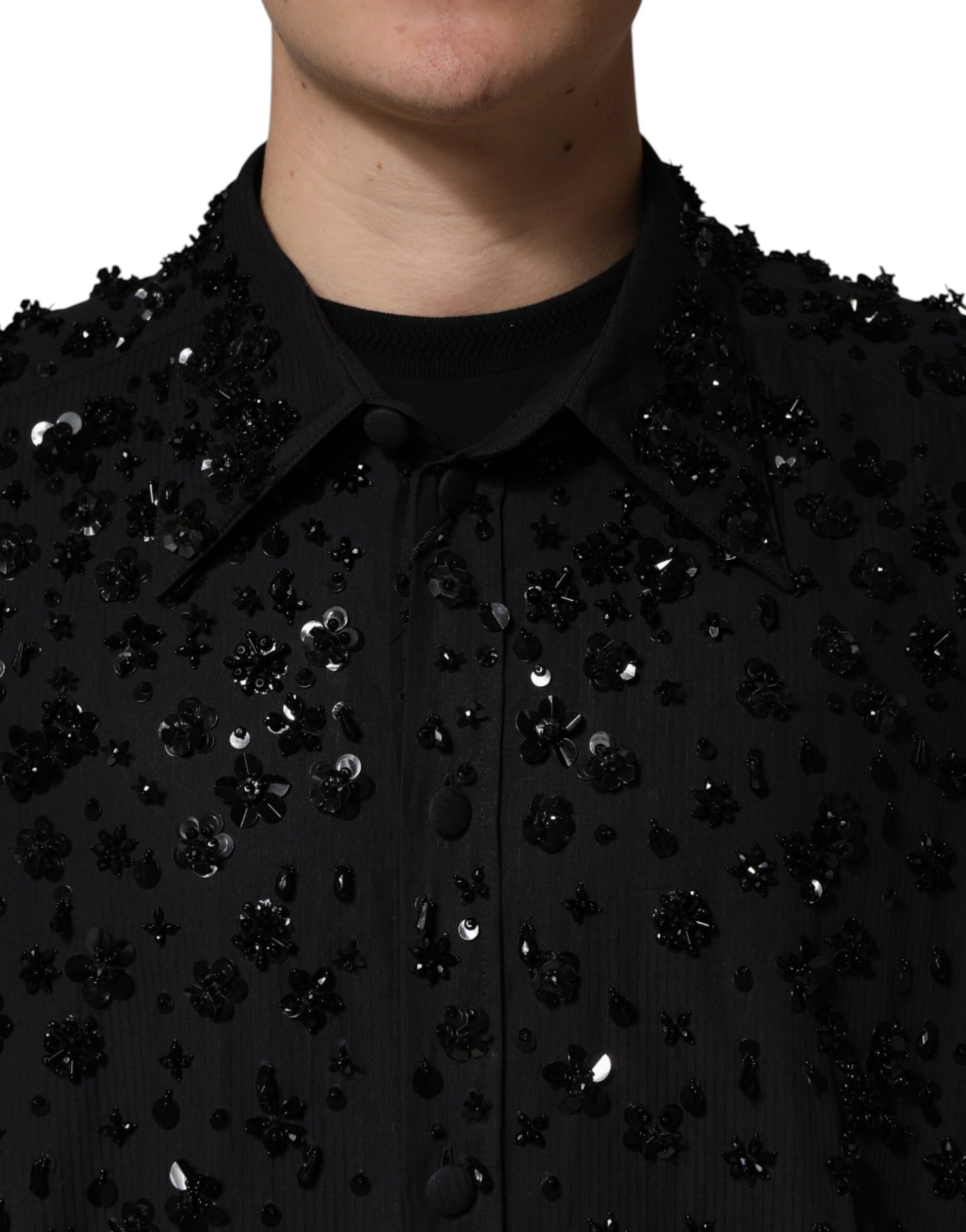 Black Sequin Embellished Men Collared Shirt