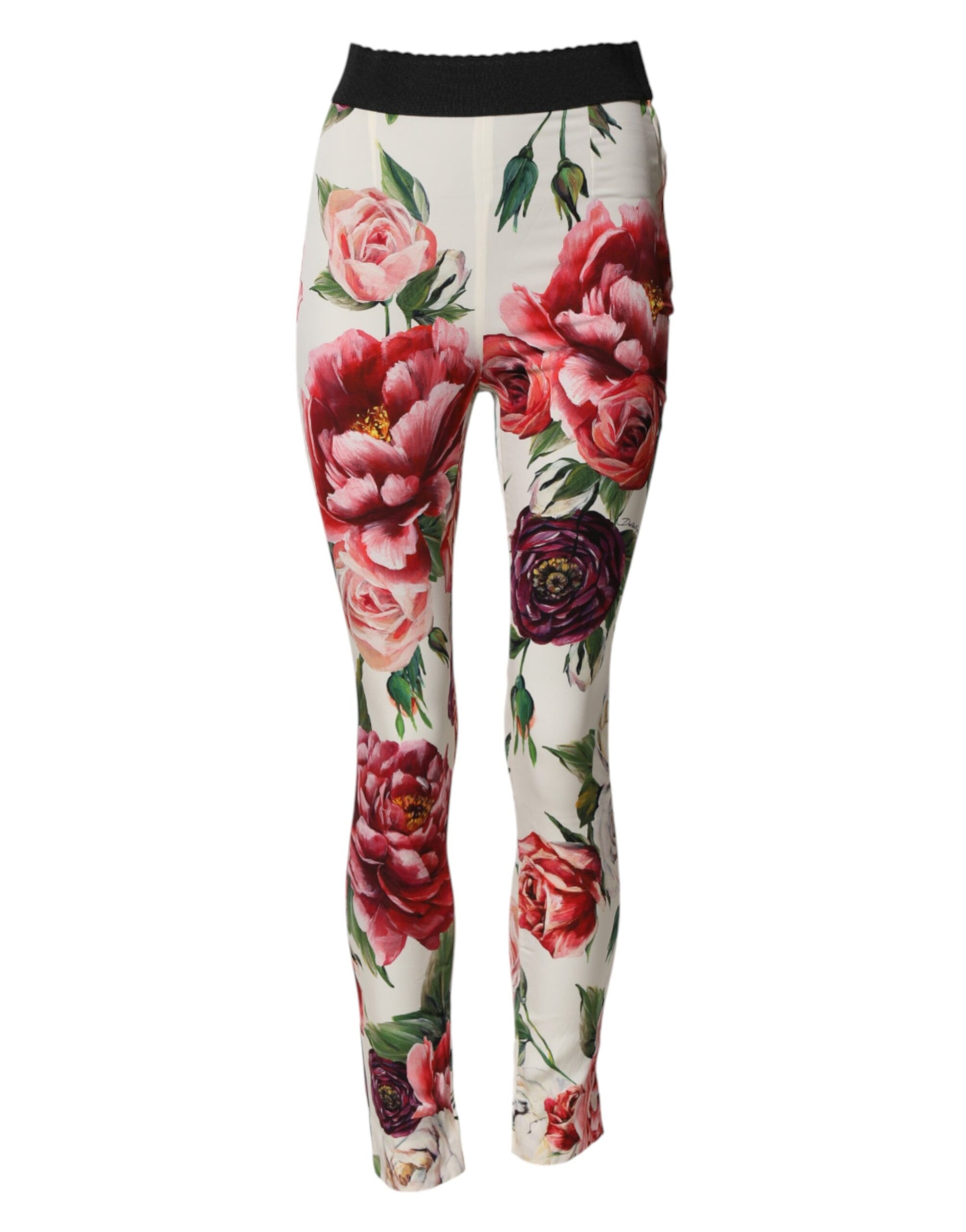 White Floral Leggings Stretch Waist Pants