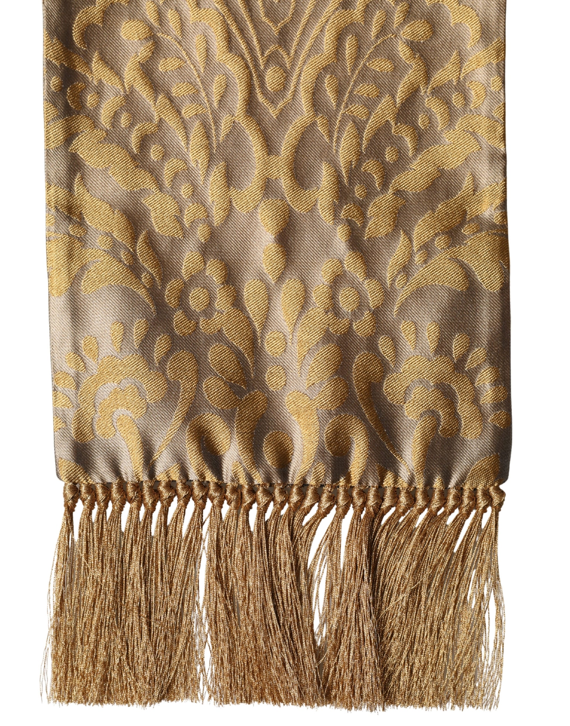 Gold Baroque Pattern Silk Blend Fringed 140cm X 15cm Scarf