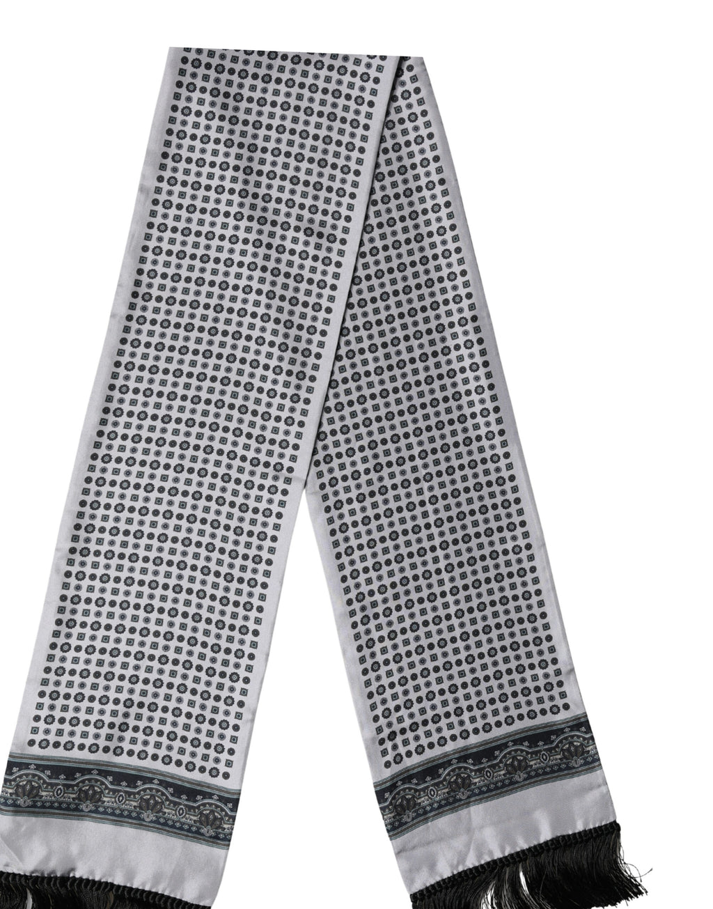 Grey Silk Geometric Print Pattern Fringe 140cm X 18cm Scarf