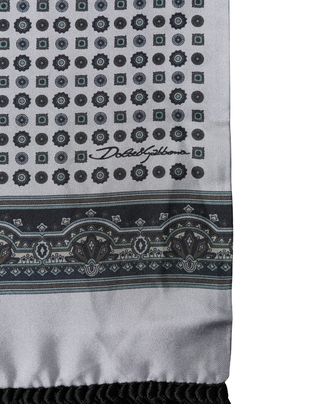 Grey Silk Geometric Print Pattern Fringe 140cm X 18cm Scarf