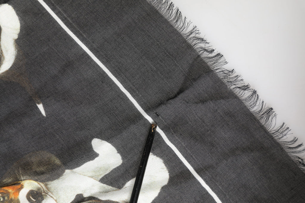 Black Modal Wool Dog Print Fringed 178cm x 64cm Scarf