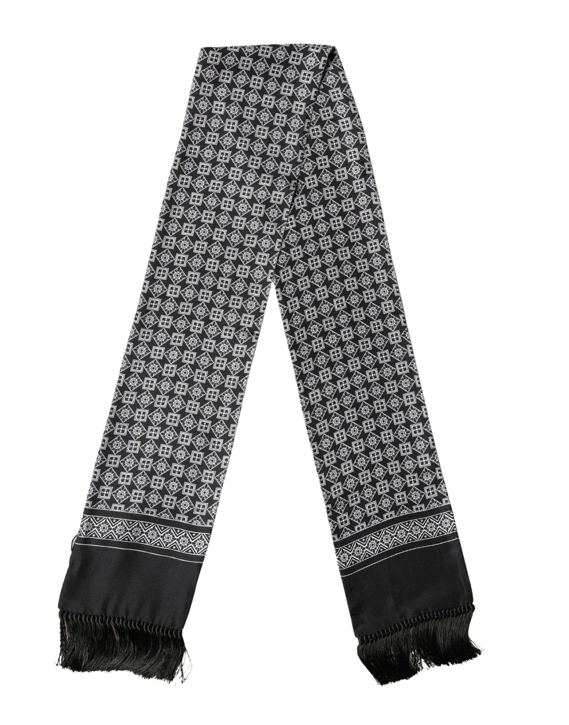 Black White Silk Geometric Neck Wrap 142cm X 15cm Scarf