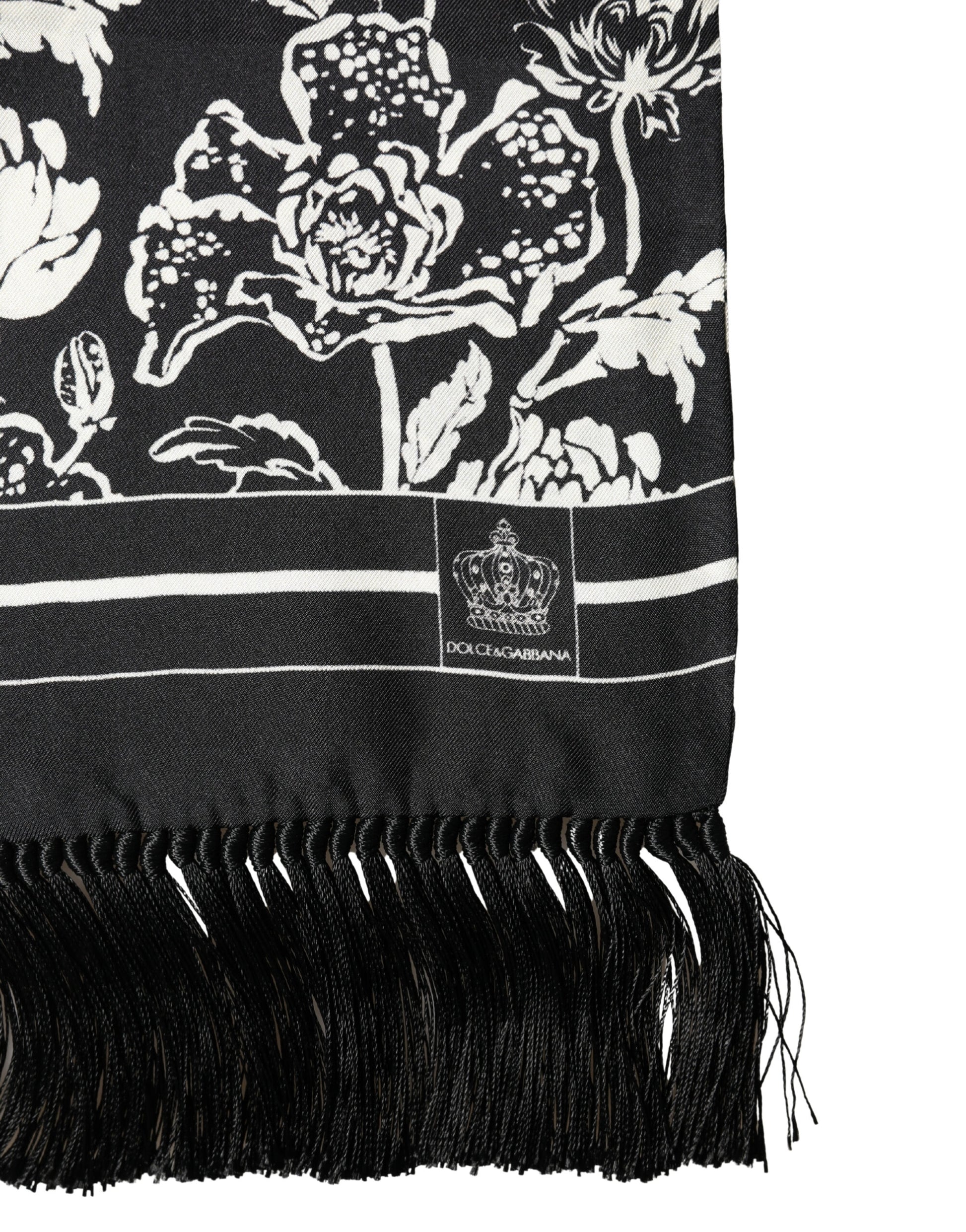 Black White Silk Floral Print Fringe 136cm X 15.5cm  Scarf