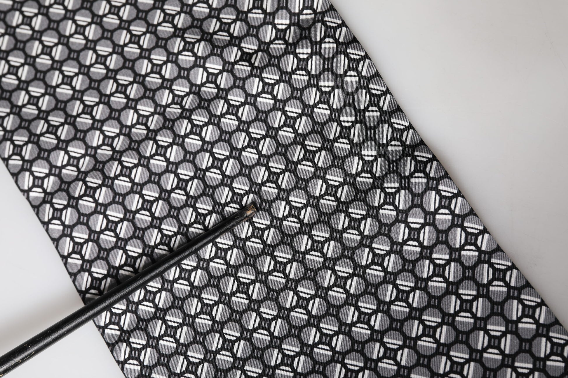 Black Silk Geometric Fringed Foulard 140cm x 15cm Scarf