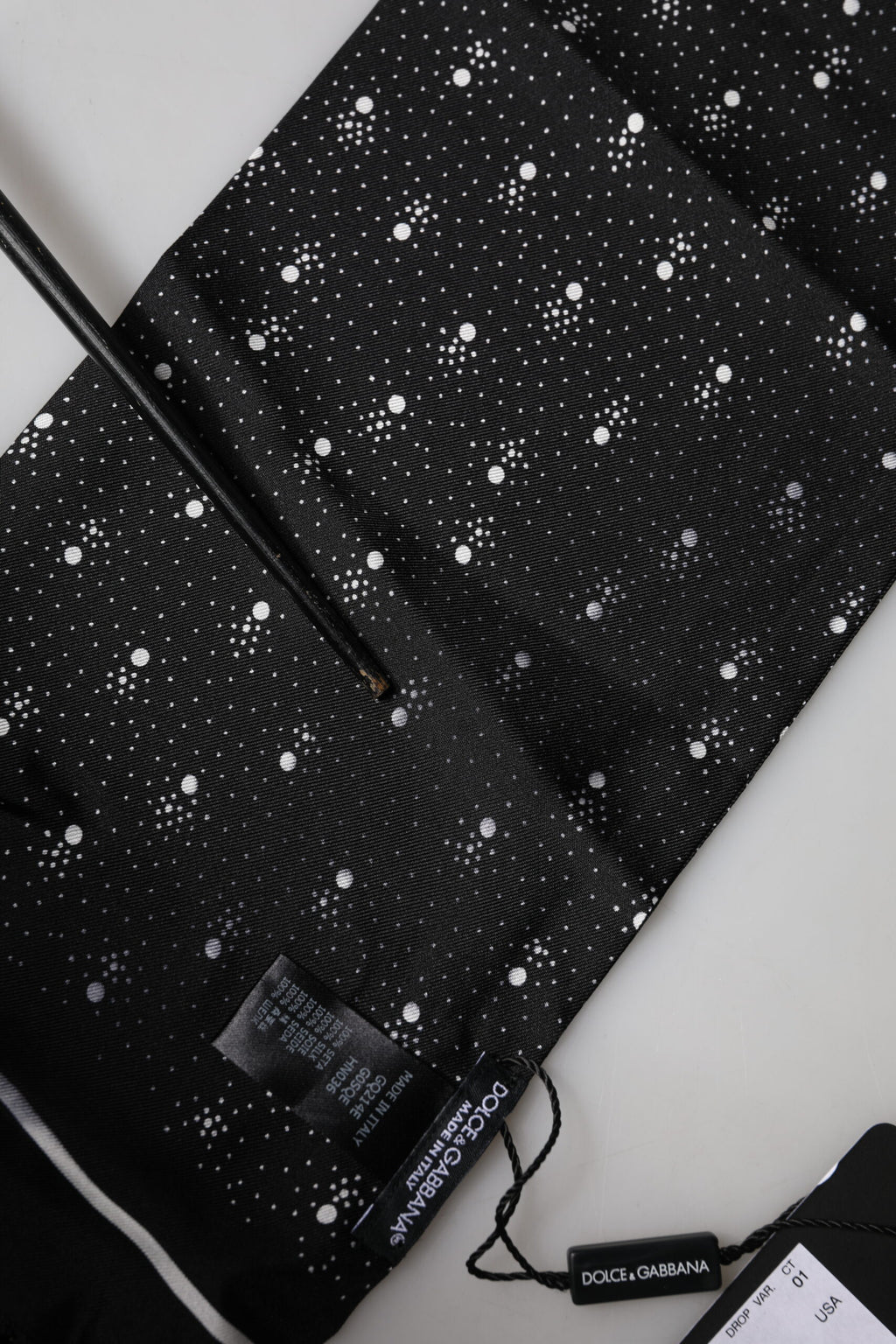 Black White Silk Dotted Print Foulard 140cm X 15cm Scarf