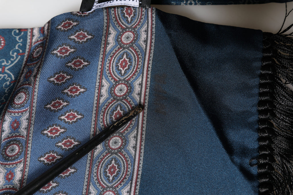 Blue Silk Crown Geometric Wrap Foulard 184cm X 33cm Scarf