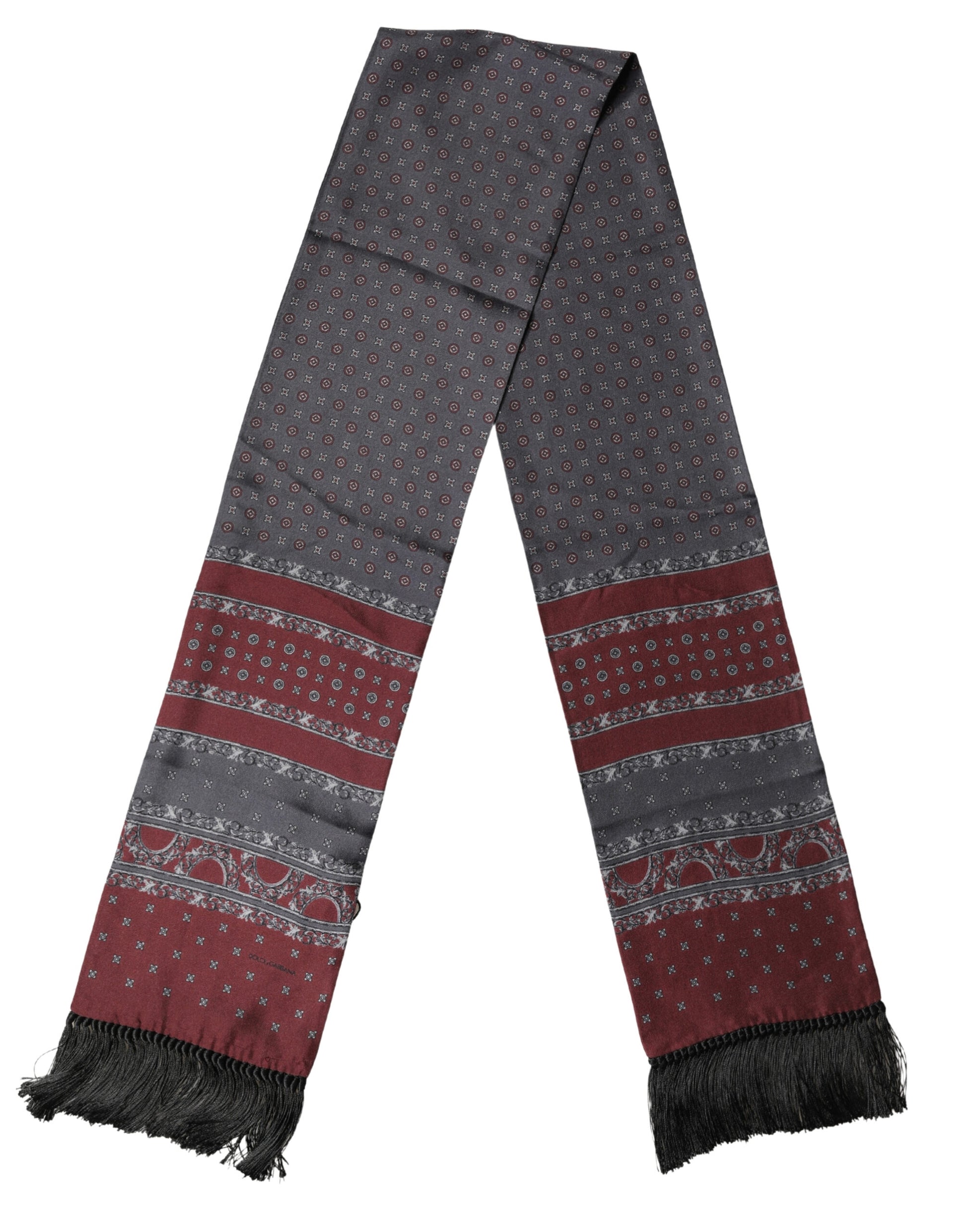 Burgundy Gray Patterned Fringe Foulard 141cm X 15.5cm  Scarf