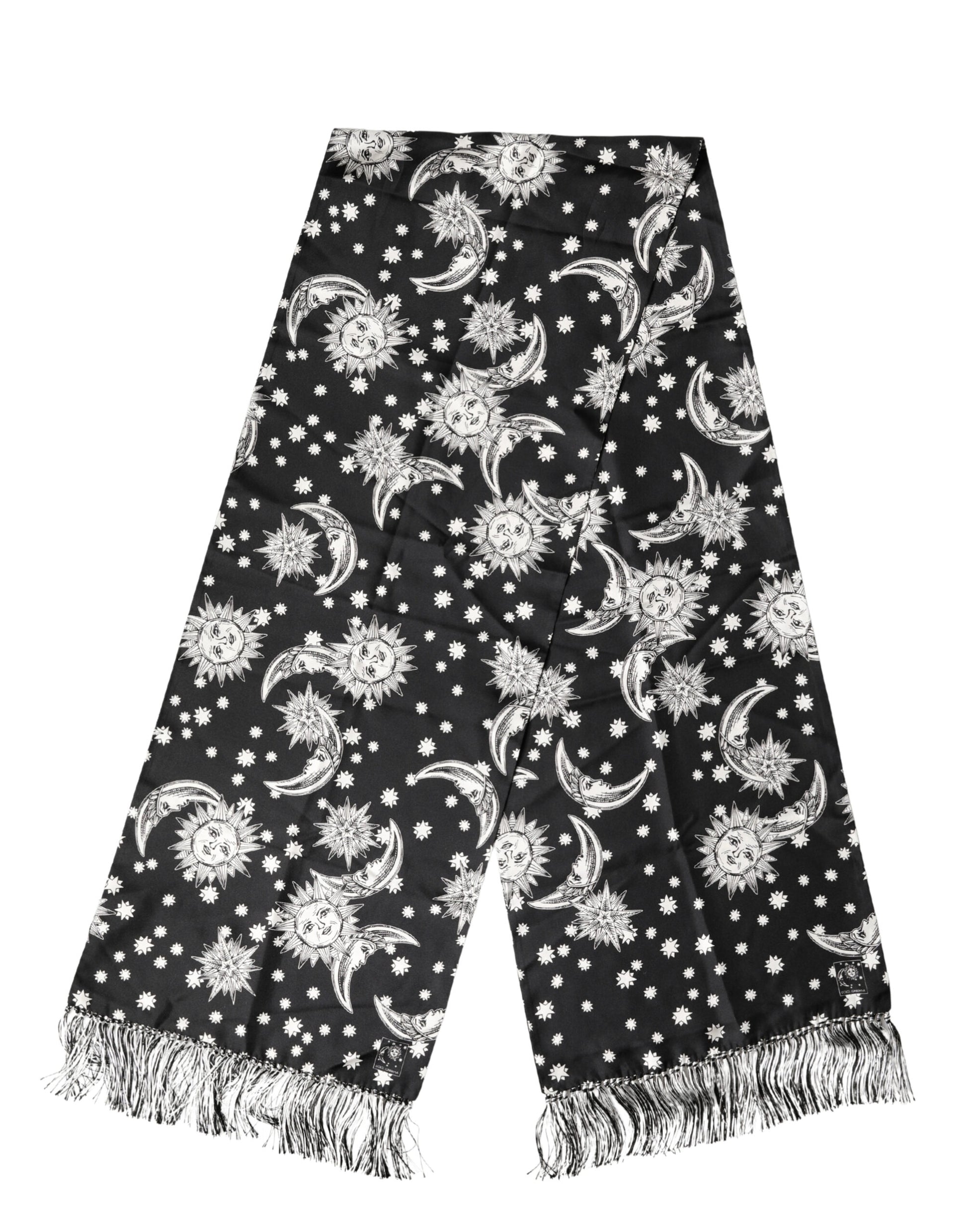 Black Silk Sun Moon Star Fringe Foulard 178cm X 33cm Scarf