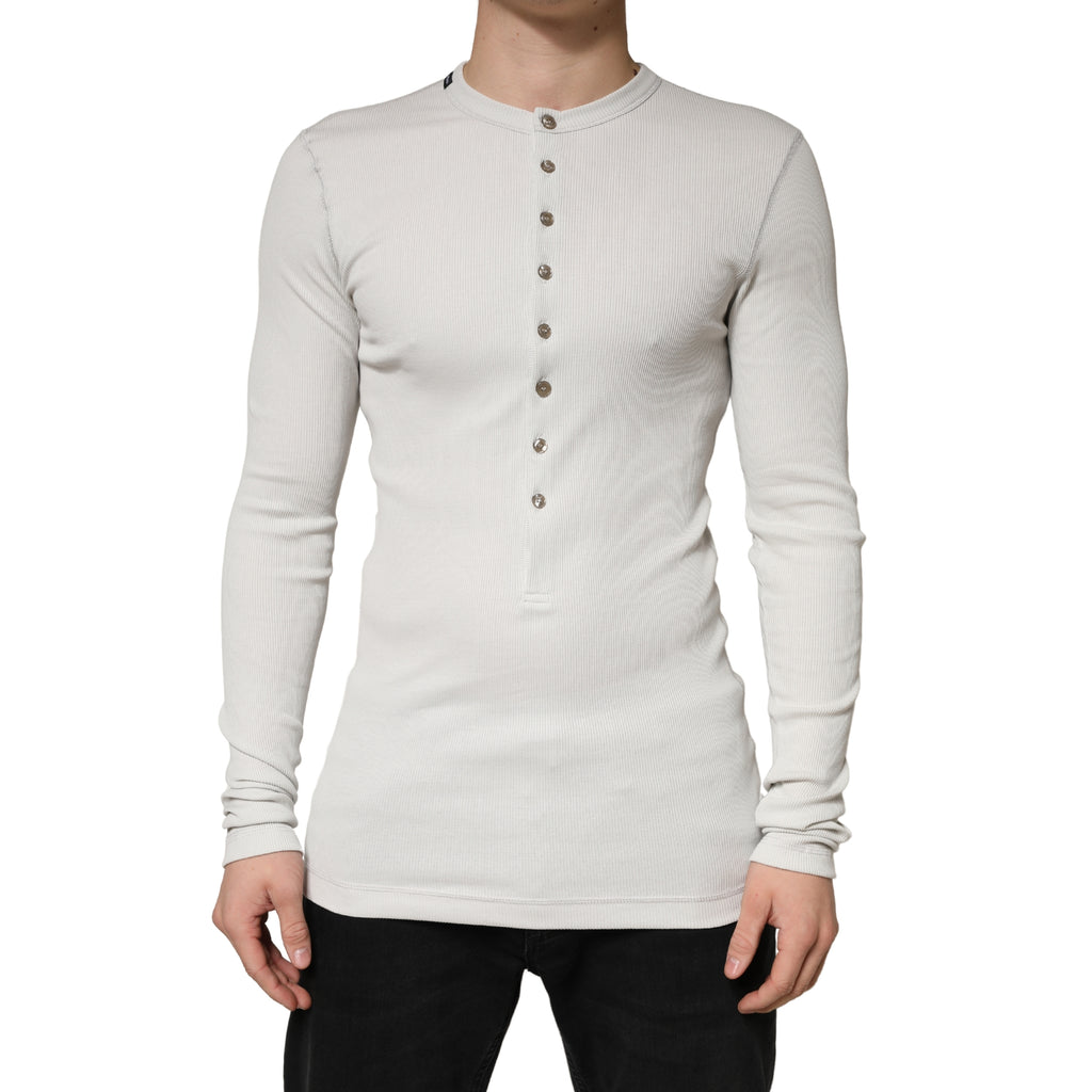Gray Ribbed Cotton Long Sleeve Henley  Sweater