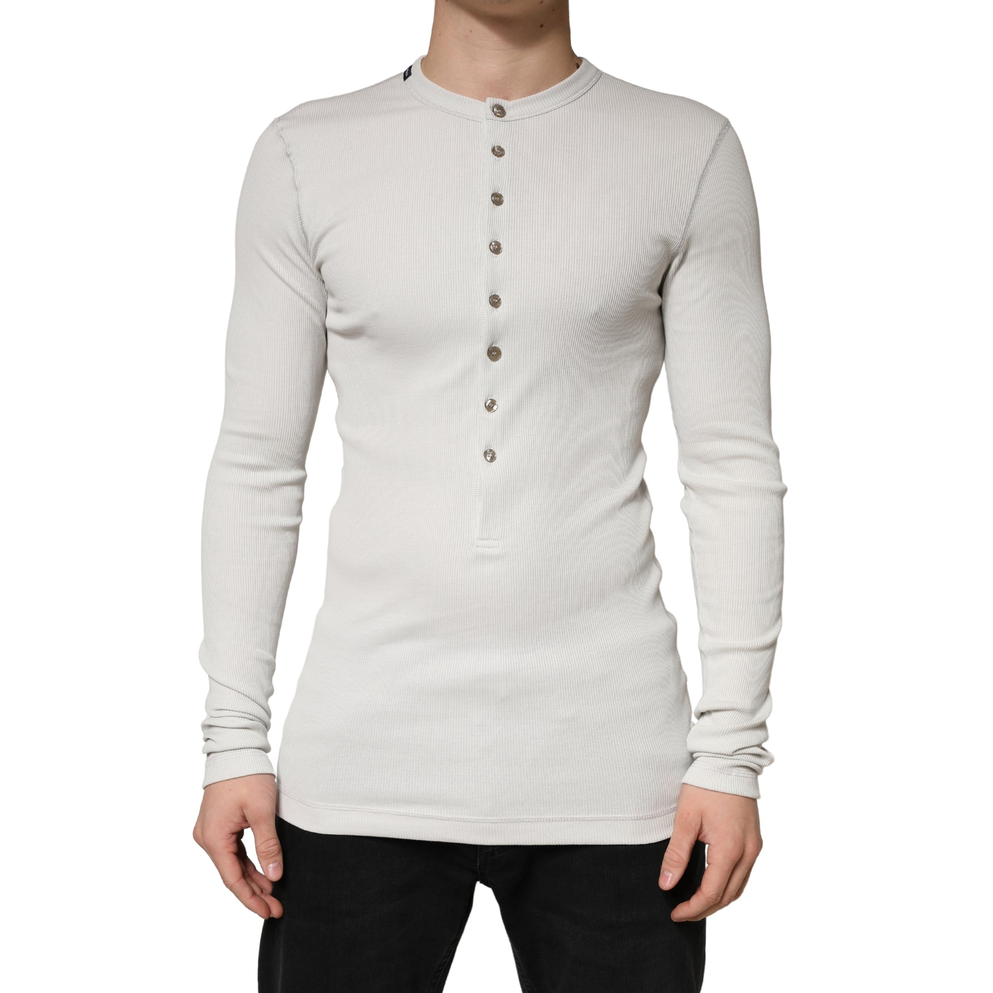 Gray Ribbed Cotton Long Sleeve Henley  Sweater