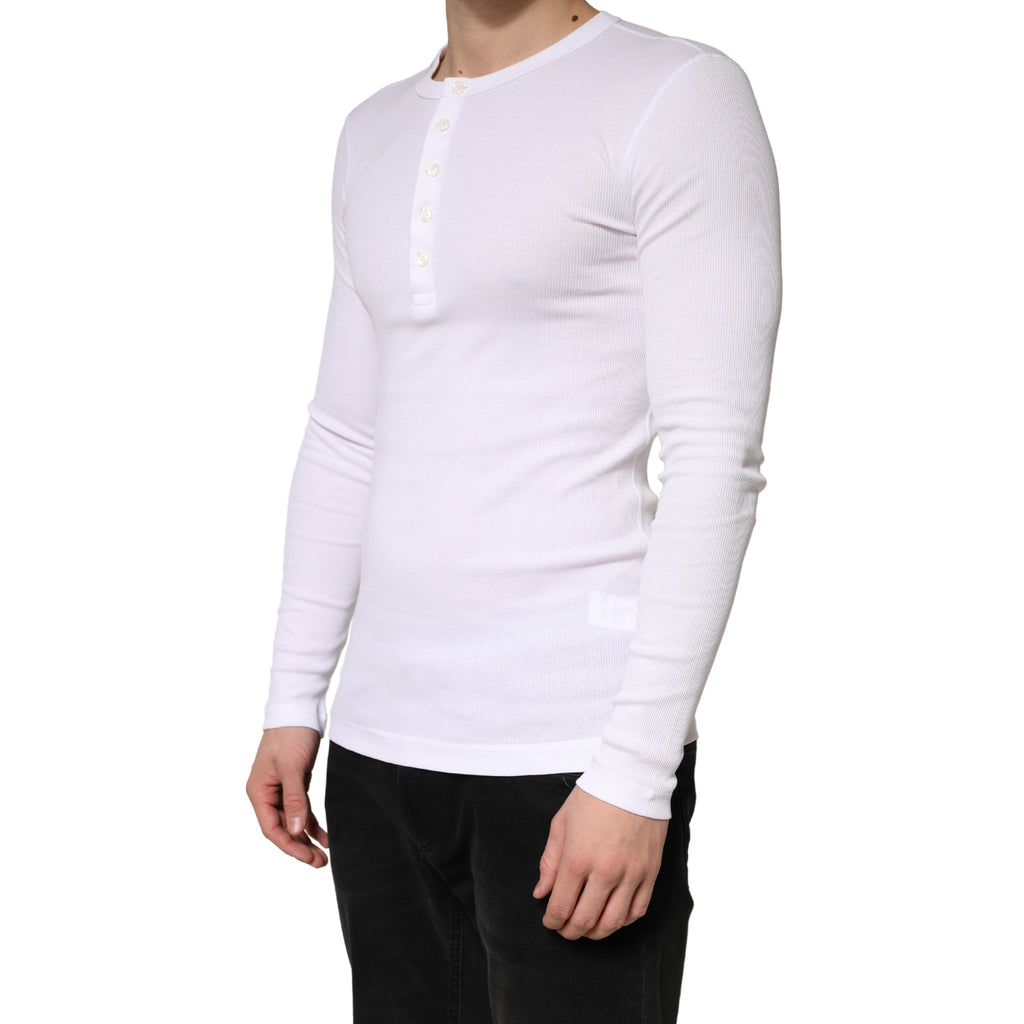 White Ribbed Cotton Long Sleeve Henley Sweater