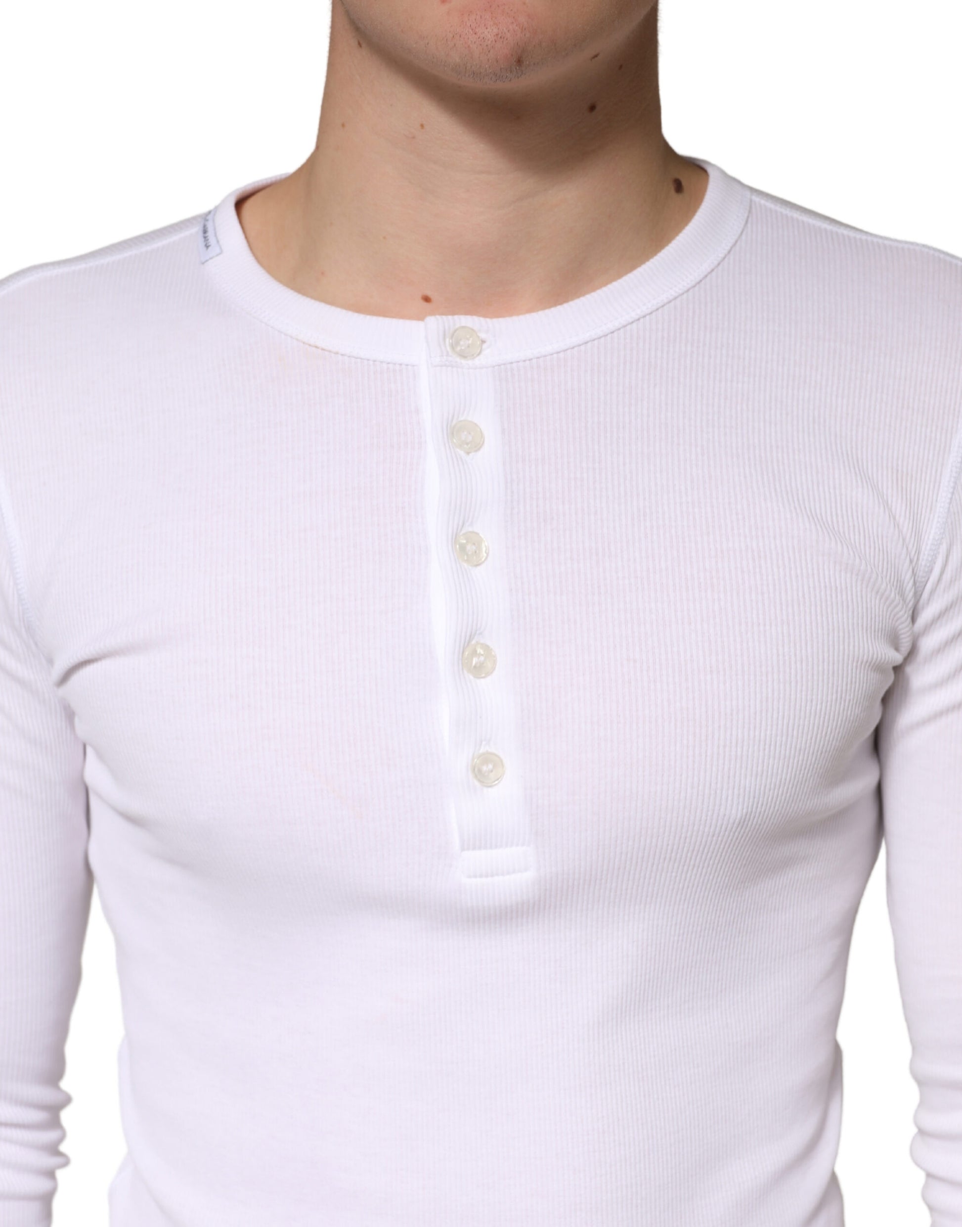 White Ribbed Cotton Long Sleeve Henley Sweater