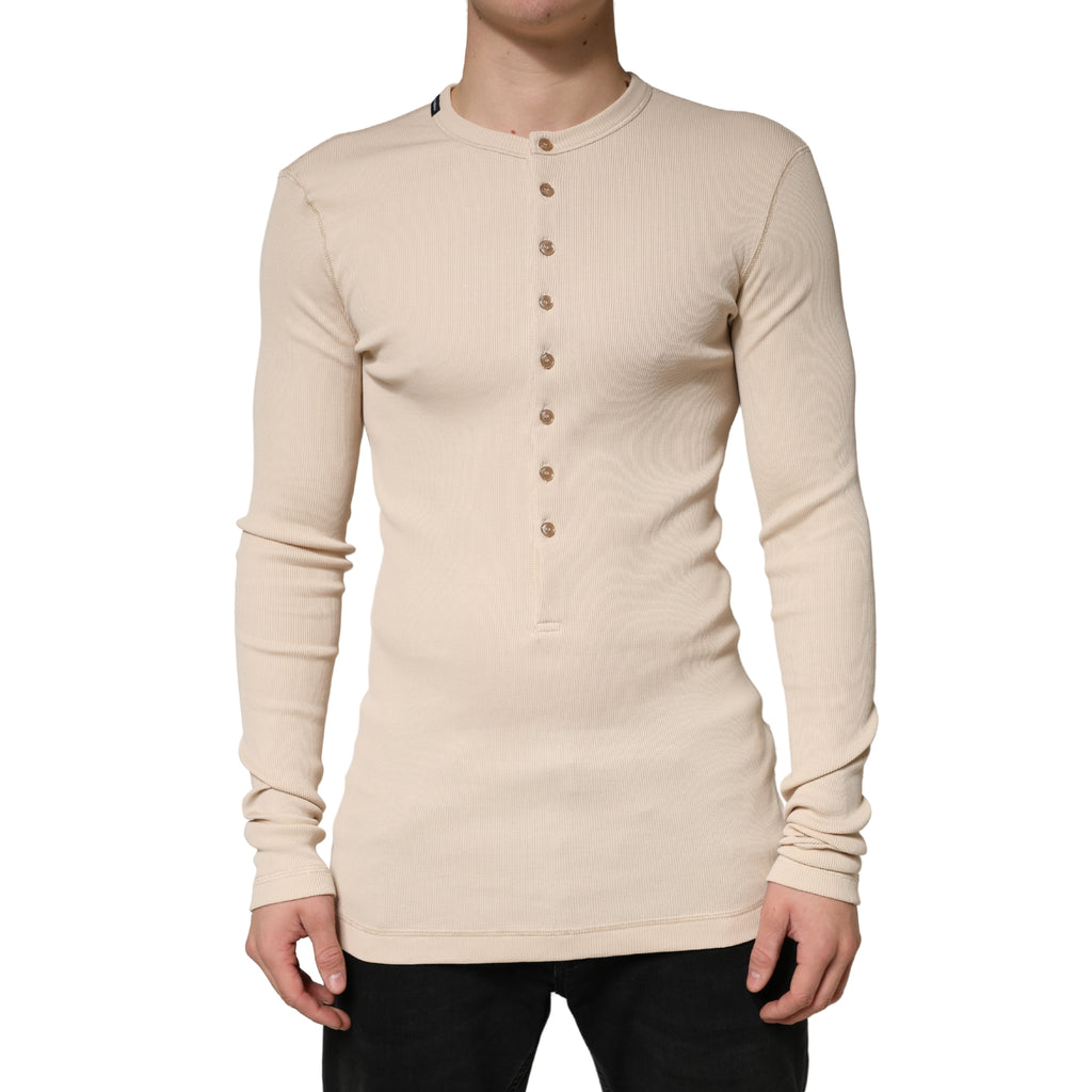 Beige Ribbed Cotton Long Sleeve Henley Sweater