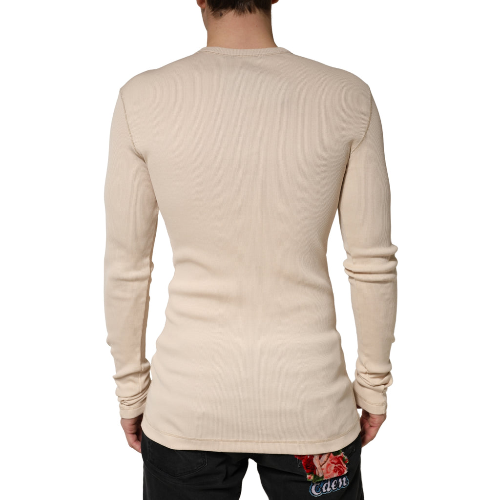 Beige Ribbed Cotton Long Sleeve Henley Sweater