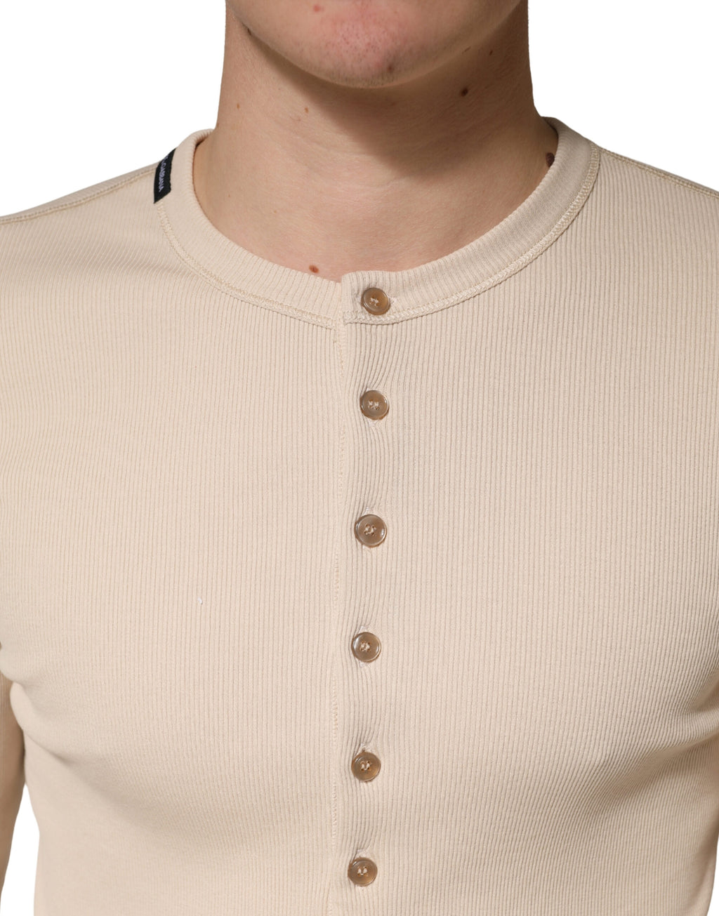 Beige Ribbed Cotton Long Sleeve Henley Sweater