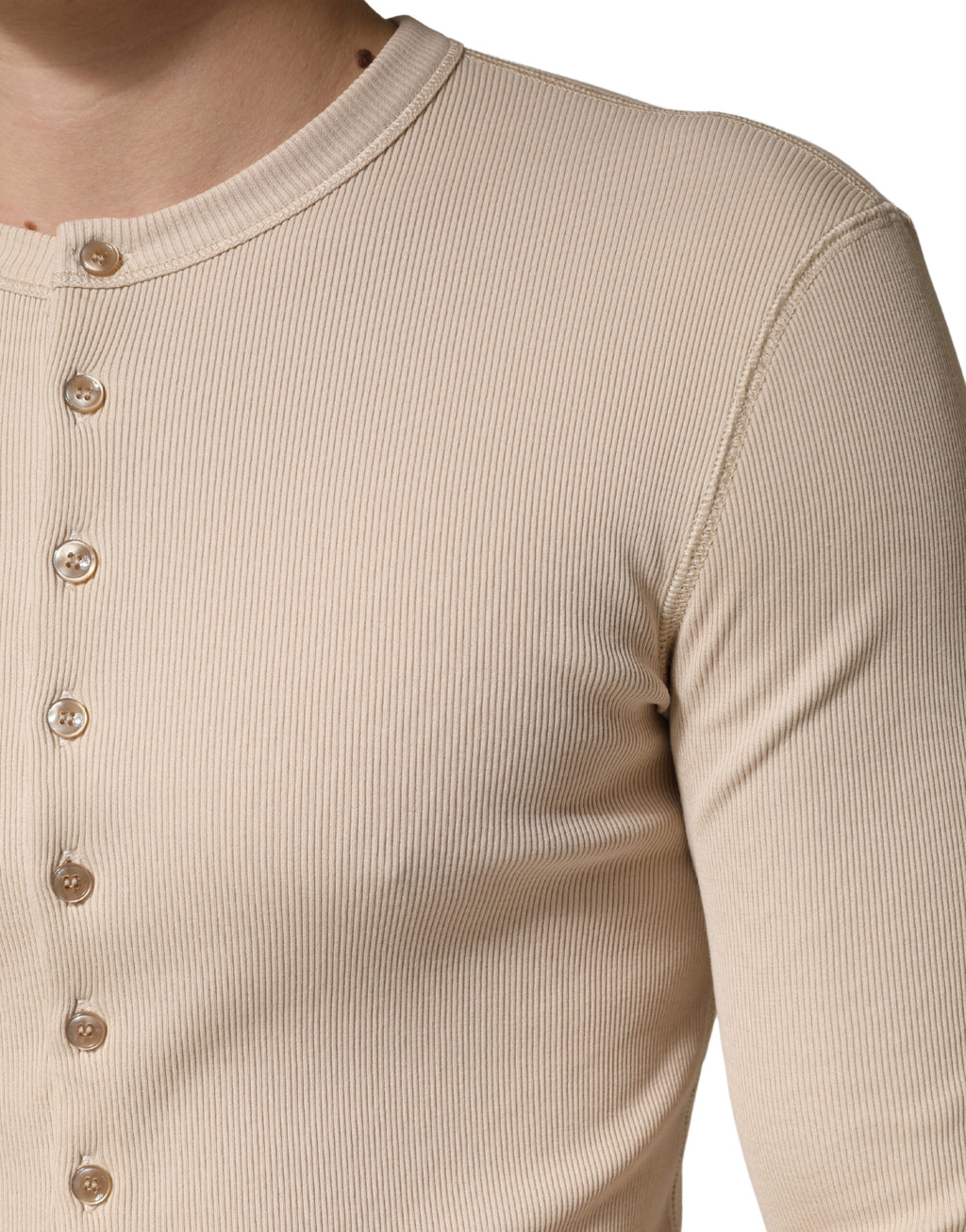 Beige Ribbed Cotton Long Sleeve Henley Sweater
