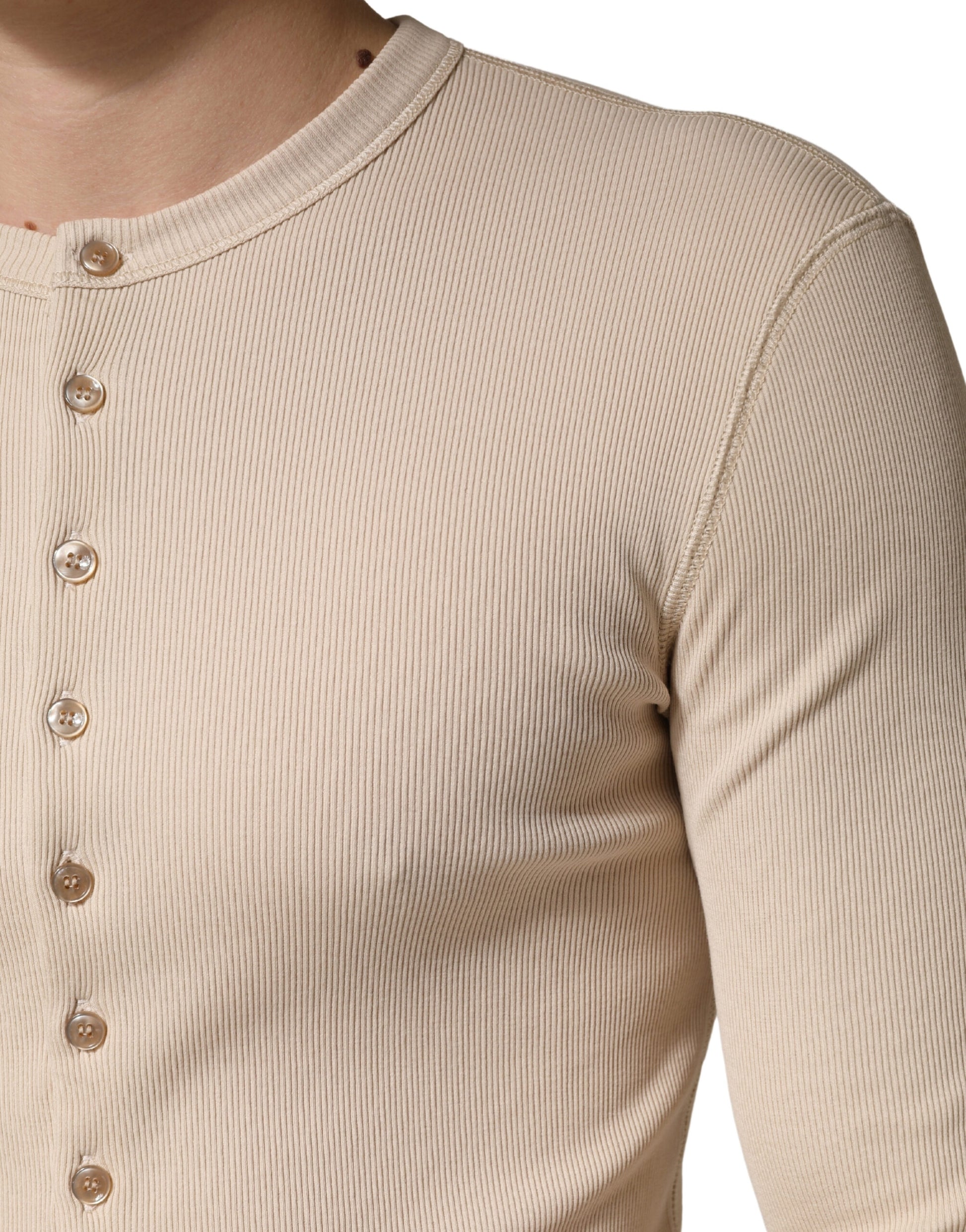 Beige Ribbed Cotton Long Sleeve Henley Sweater