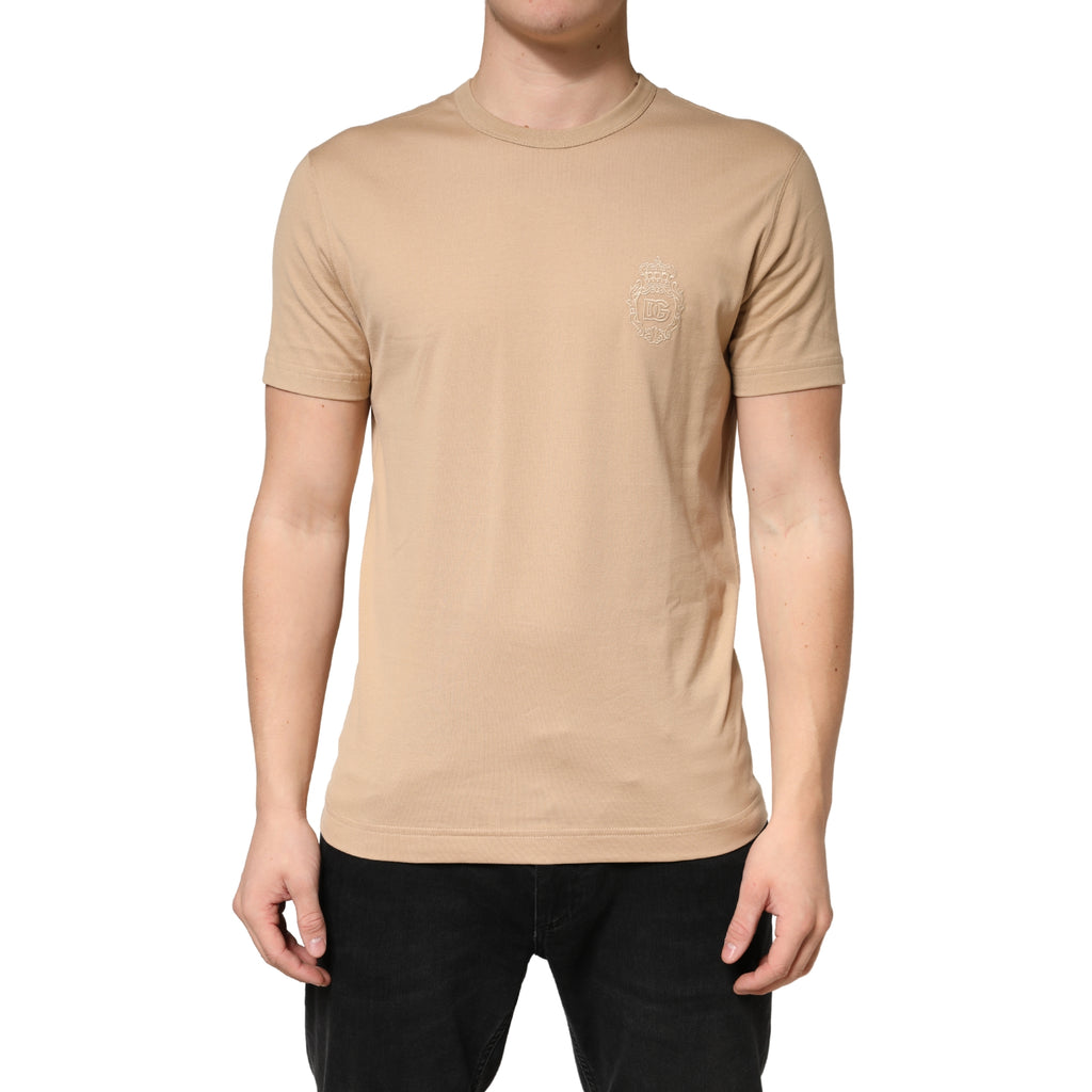 Beige Cotton Crewneck Short Sleeve  T-Shirt