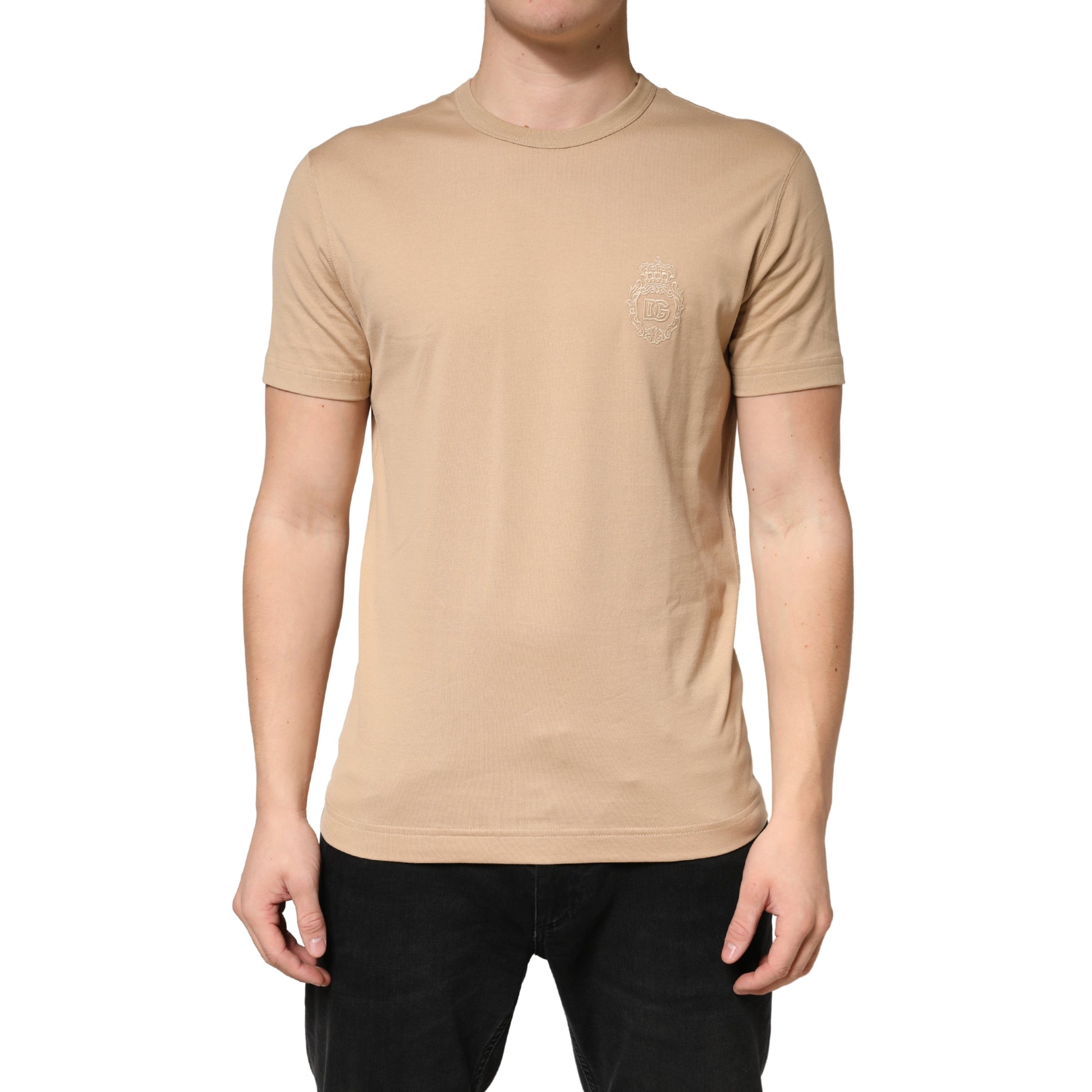 Beige Cotton Crewneck Short Sleeve  T-Shirt