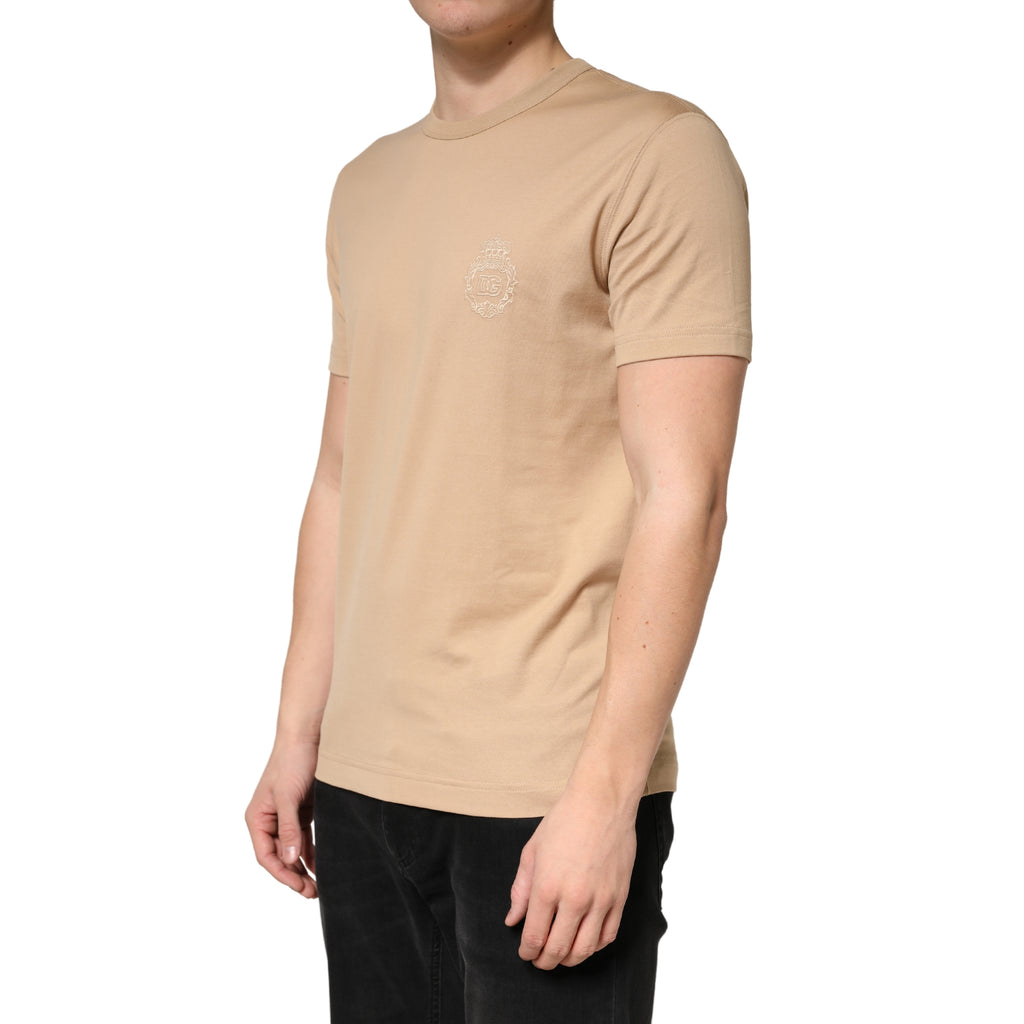 Beige Cotton Crewneck Short Sleeve  T-Shirt