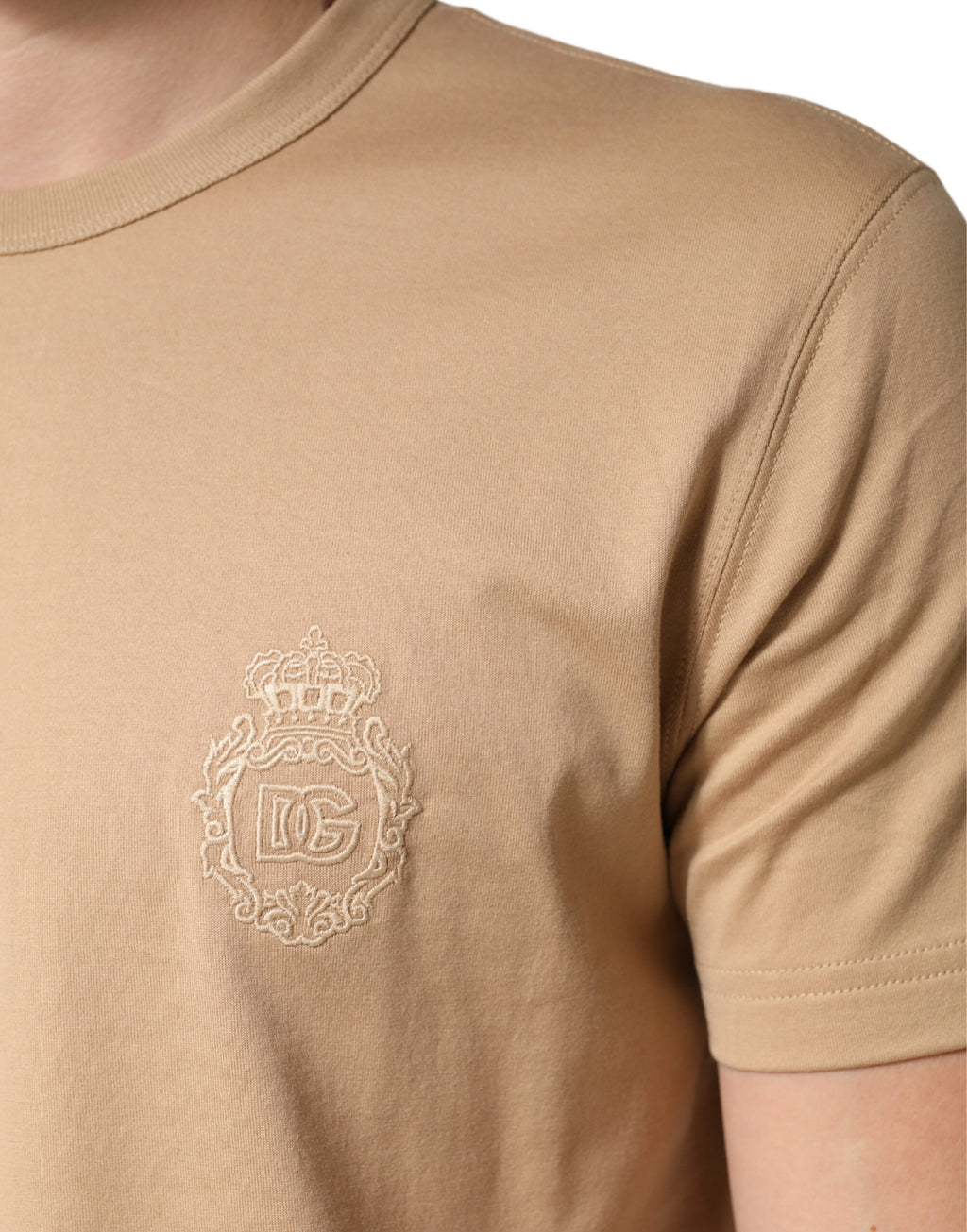 Beige Cotton Crewneck Short Sleeve  T-Shirt