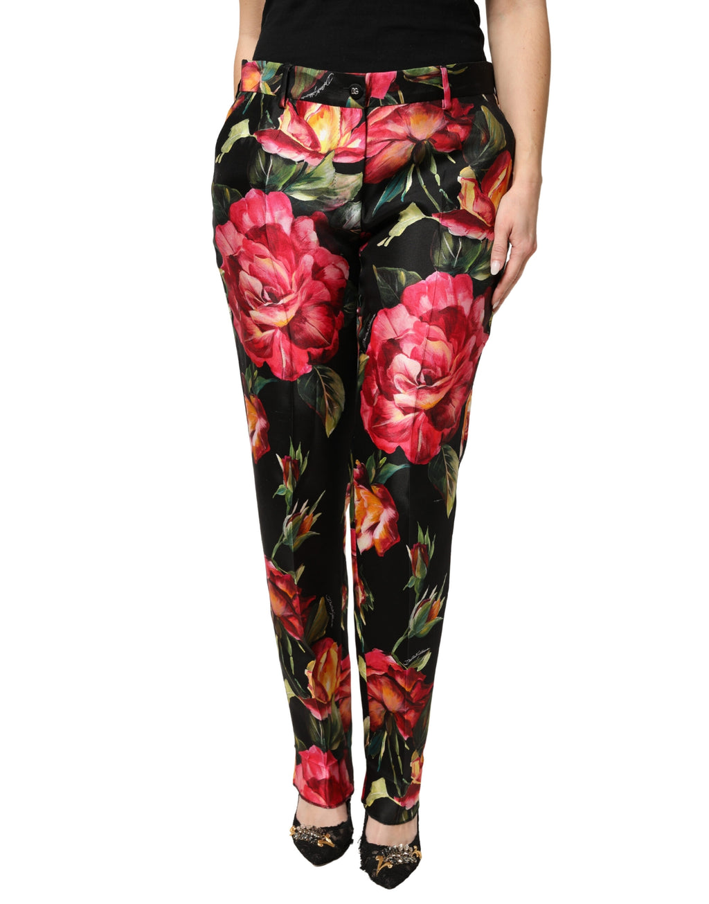Black Floral Silk Mid Waist Tailored Trousers Pants