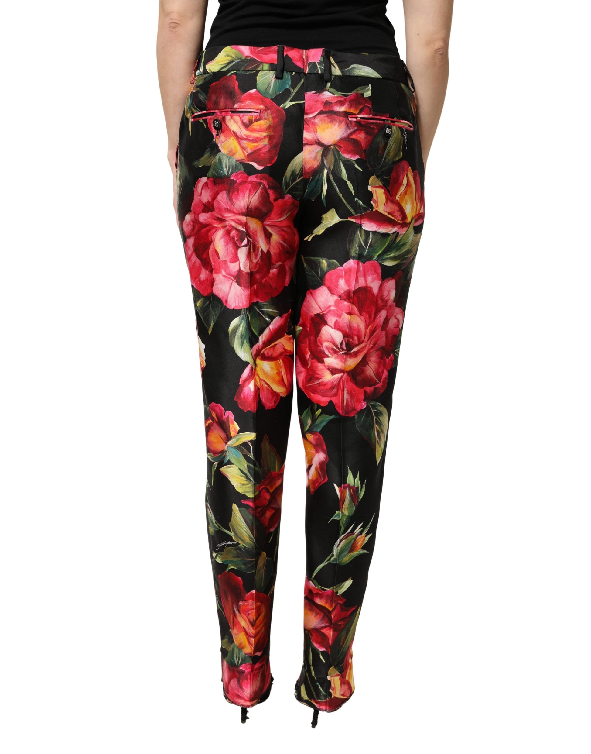 Black Floral Silk Mid Waist Tailored Trousers Pants