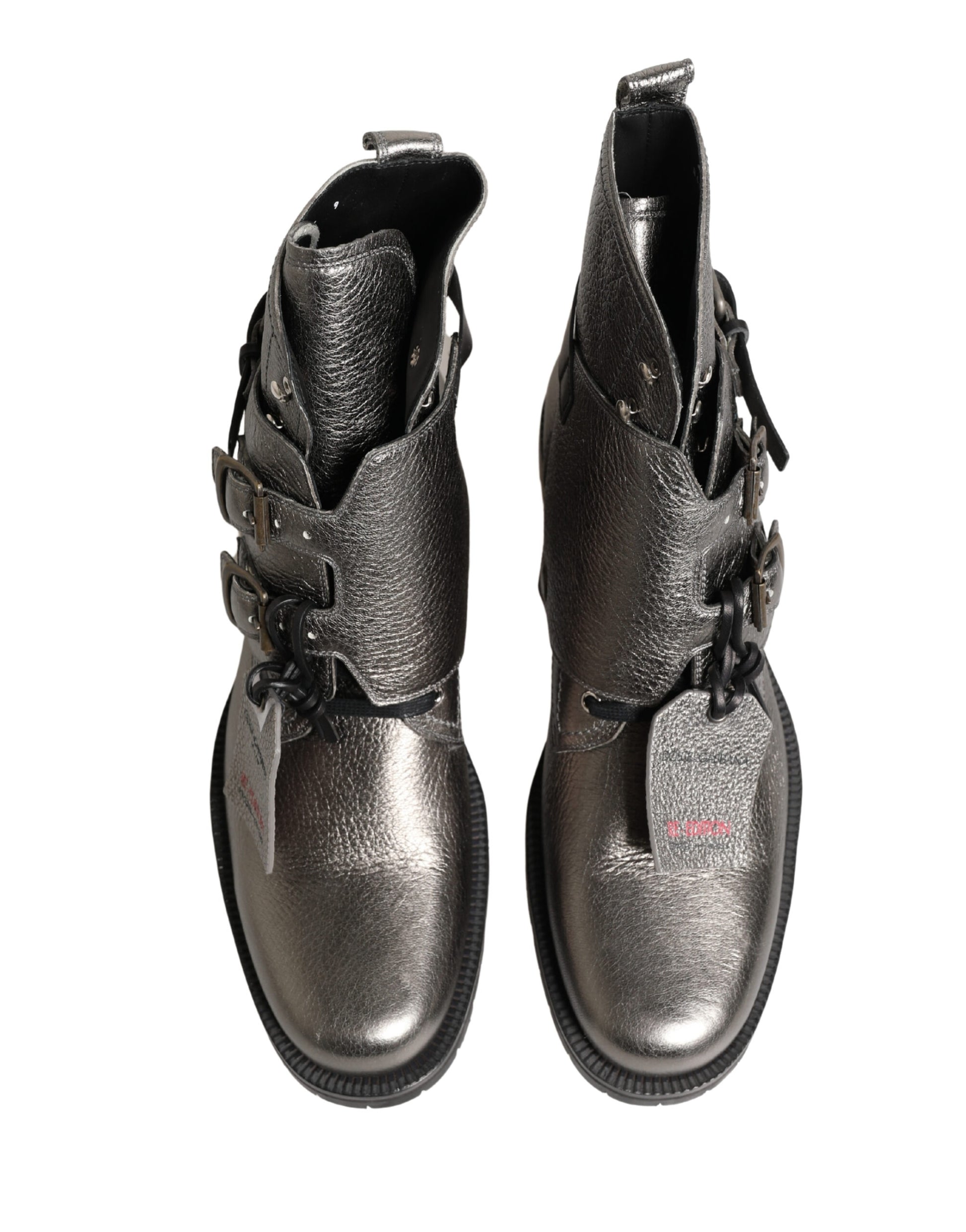 Metallic Silver Leather Buckle Ankle Boots Shoes