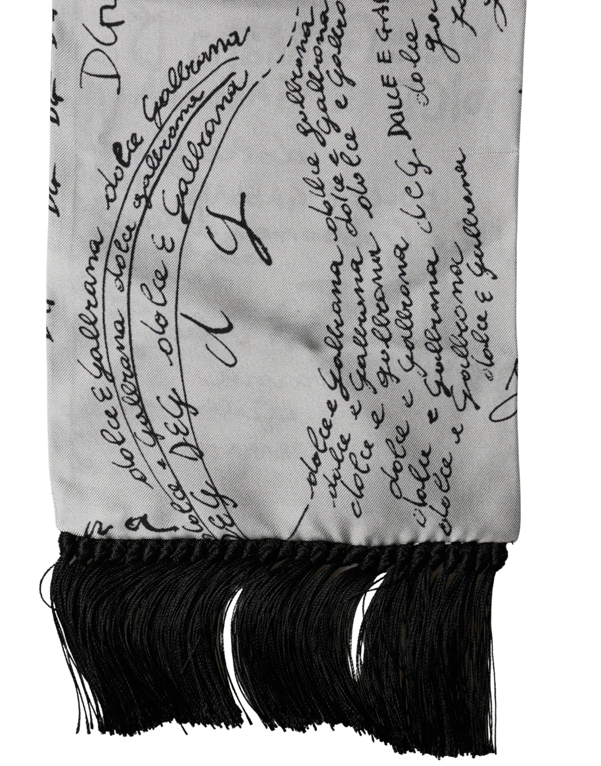 Scarf White Silk Script Logo Print Fringe 150cm x15cm Men